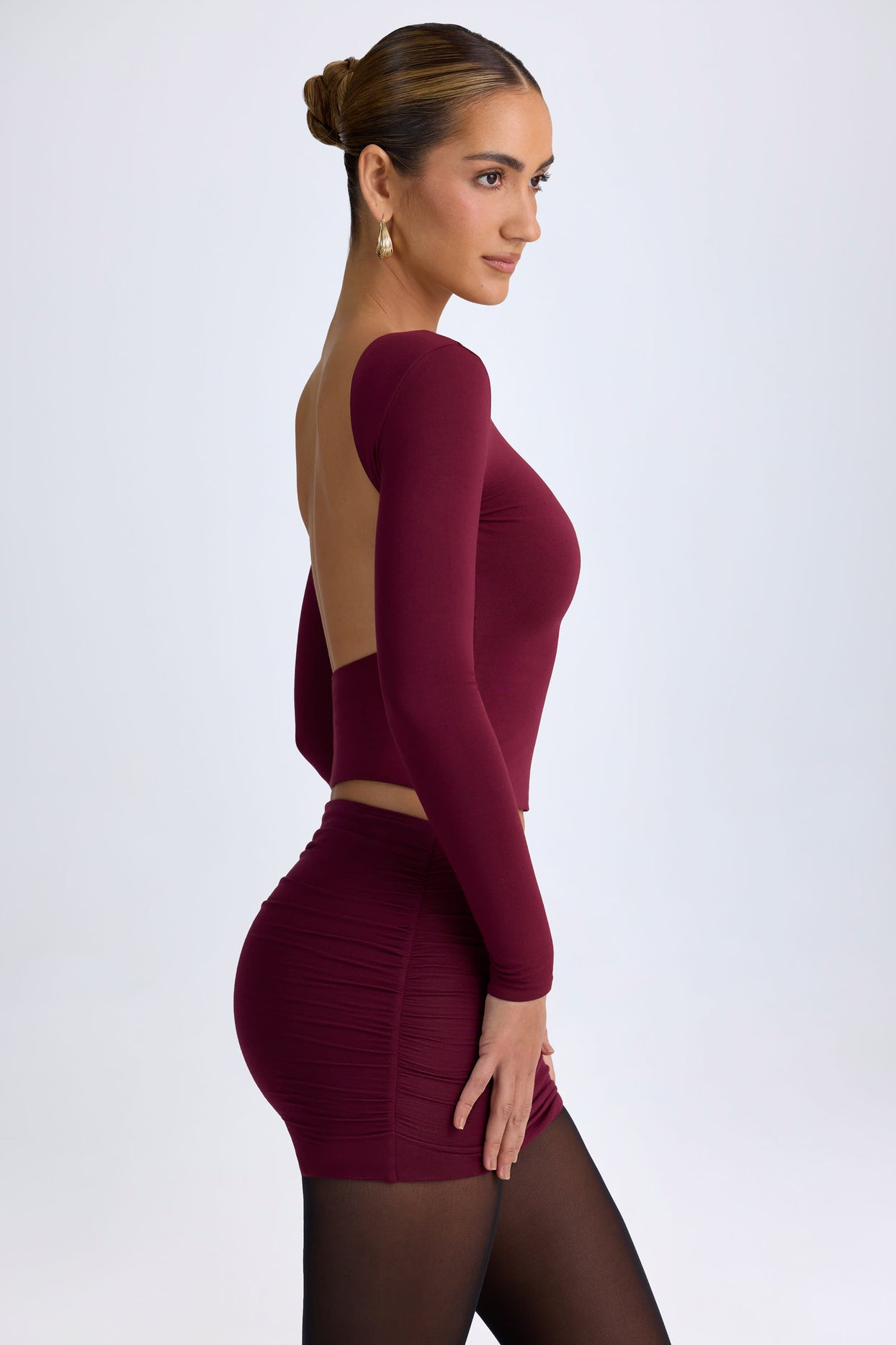 Modal High Neck Long Sleeve Open Back Top in Wine Red - 3