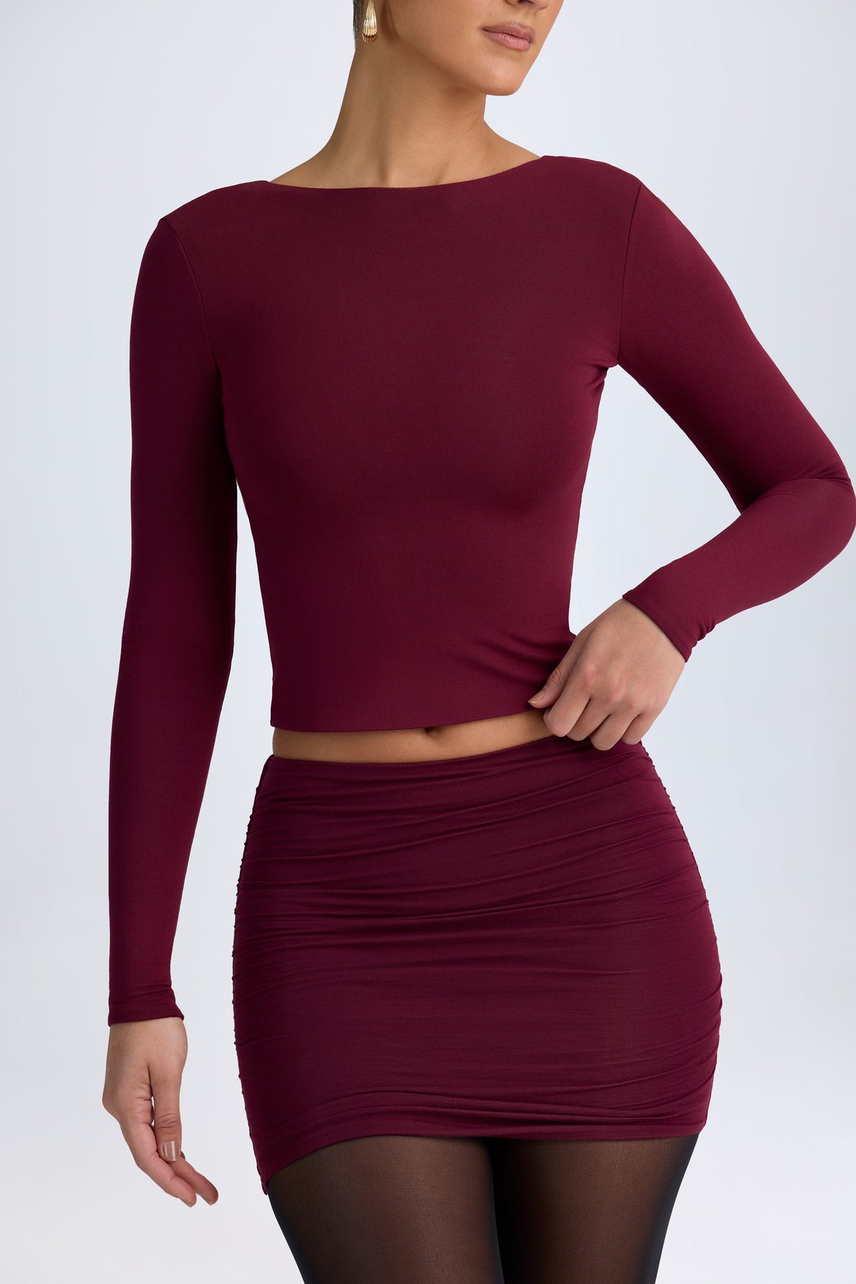 Modal High Neck Long Sleeve Open Back Top in Wine Red - 4