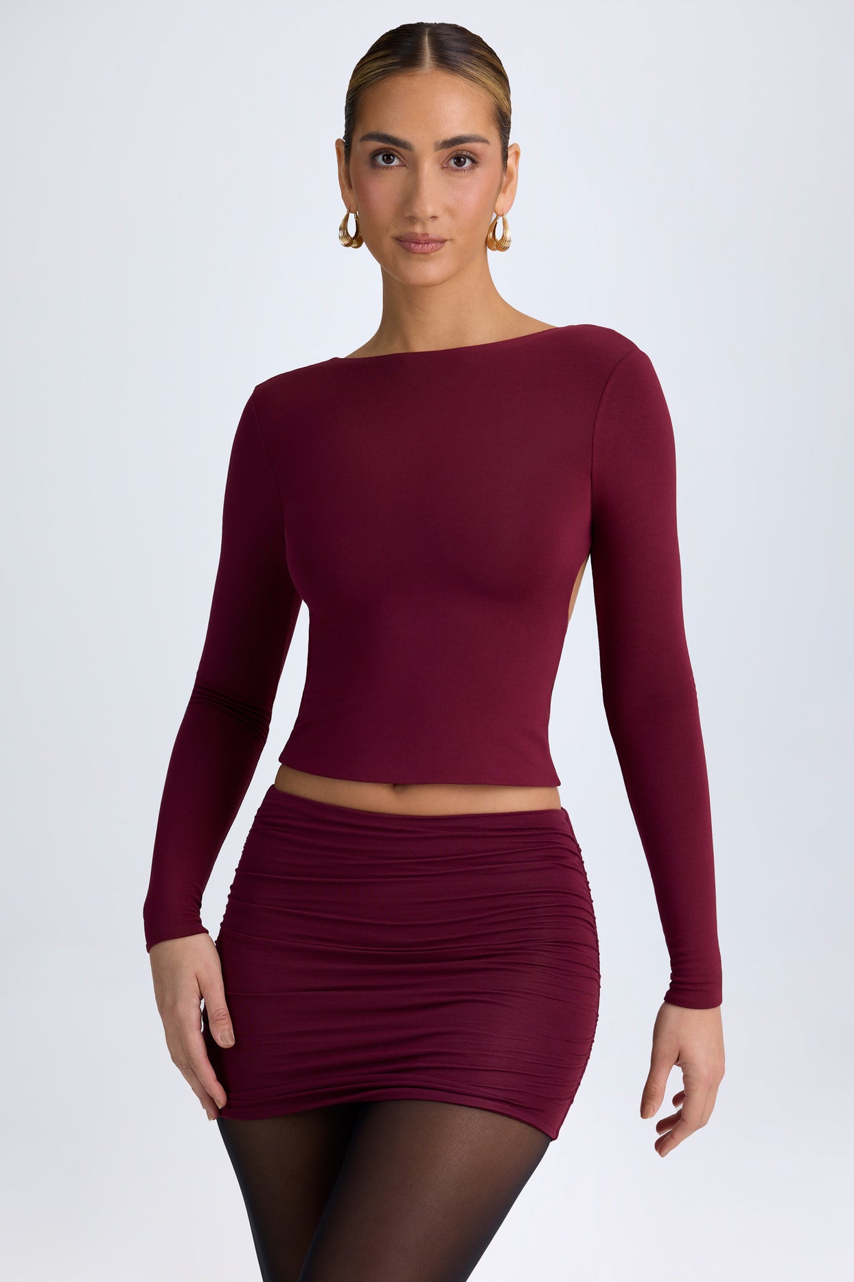Modal High Neck Long Sleeve Open Back Top in Wine Red - 5