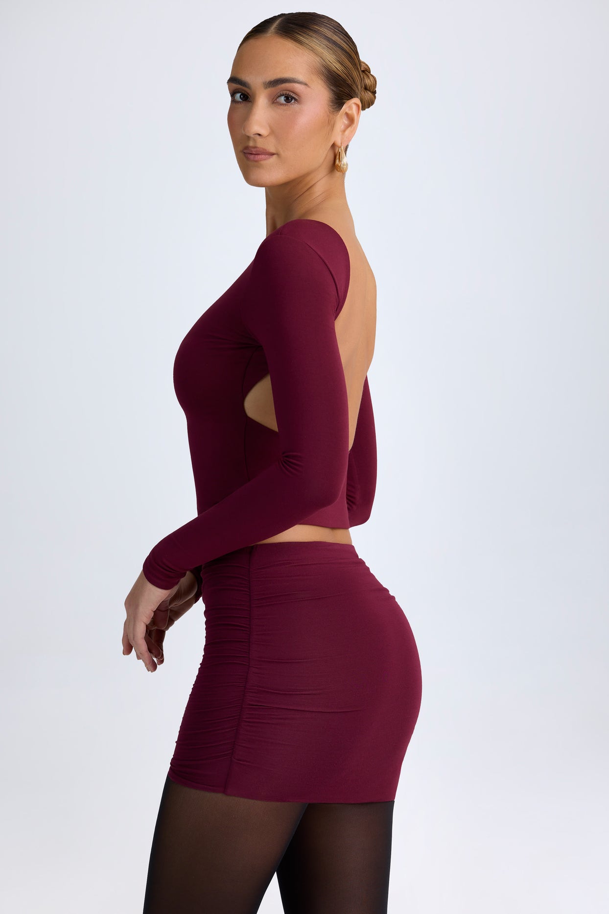 Modal High Neck Long Sleeve Open Back Top in Wine Red - 6