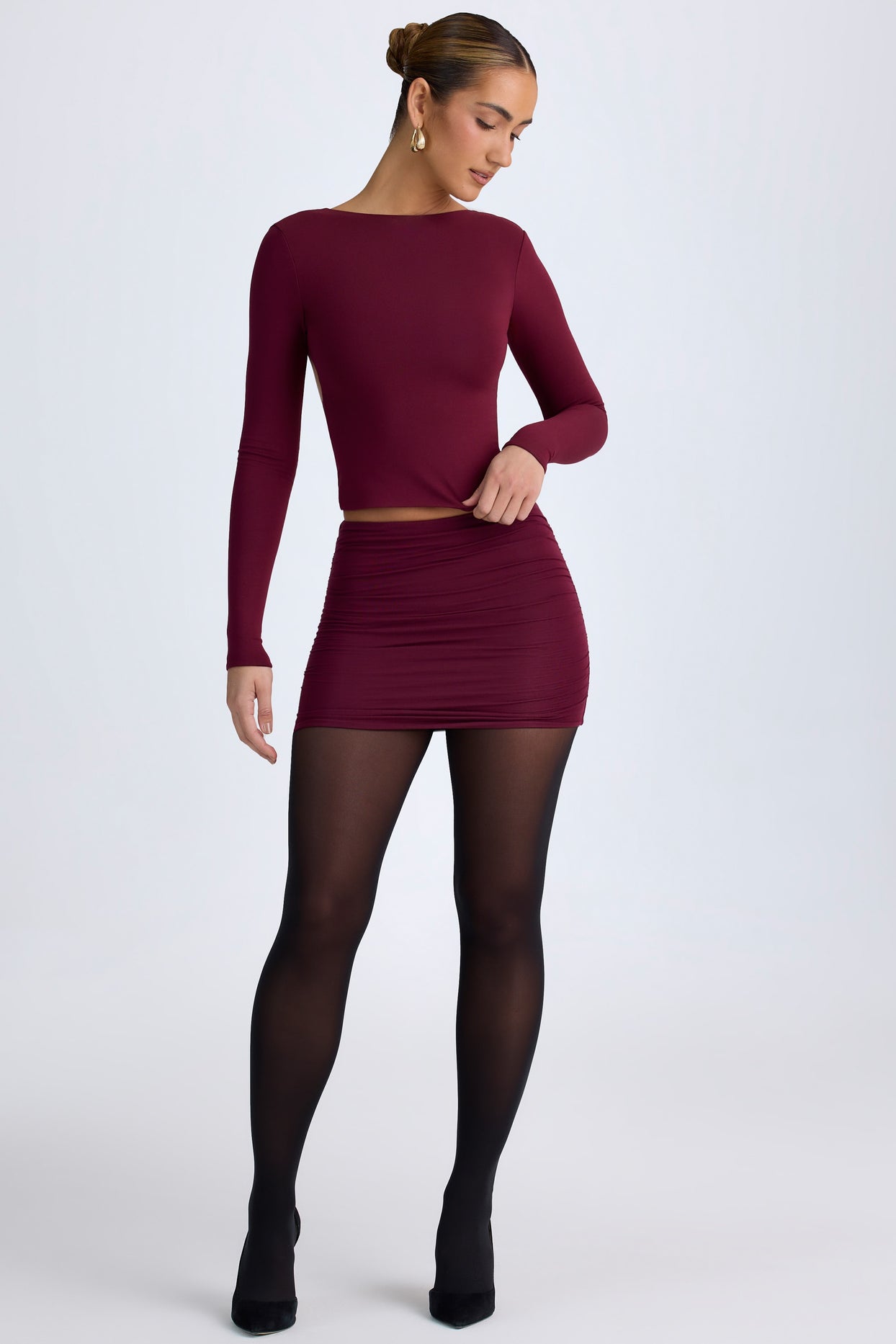 Modal High Neck Long Sleeve Open Back Top in Wine Red - 7