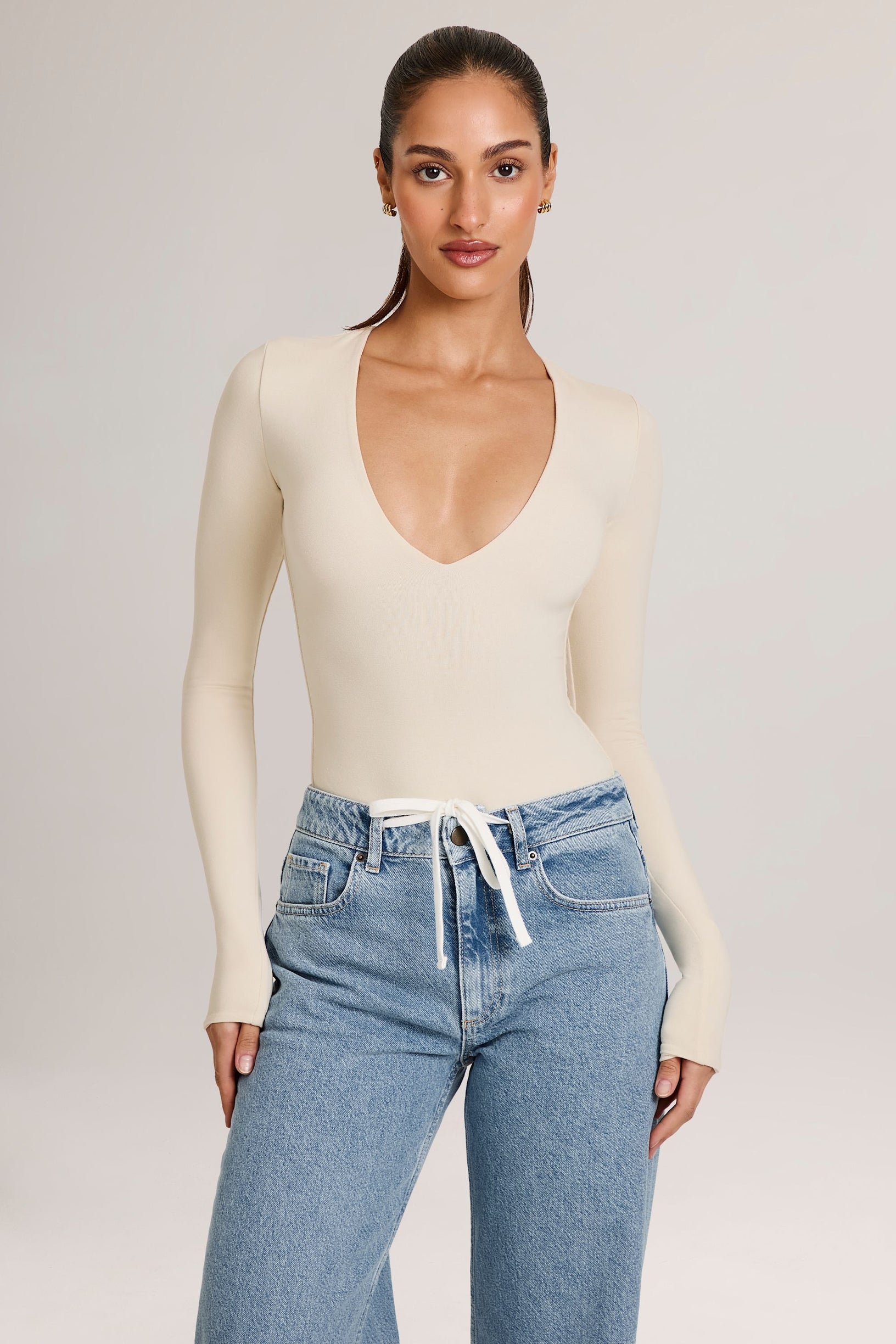 Modal Plunge Long-Sleeve Bodysuit  in Ivory - 1