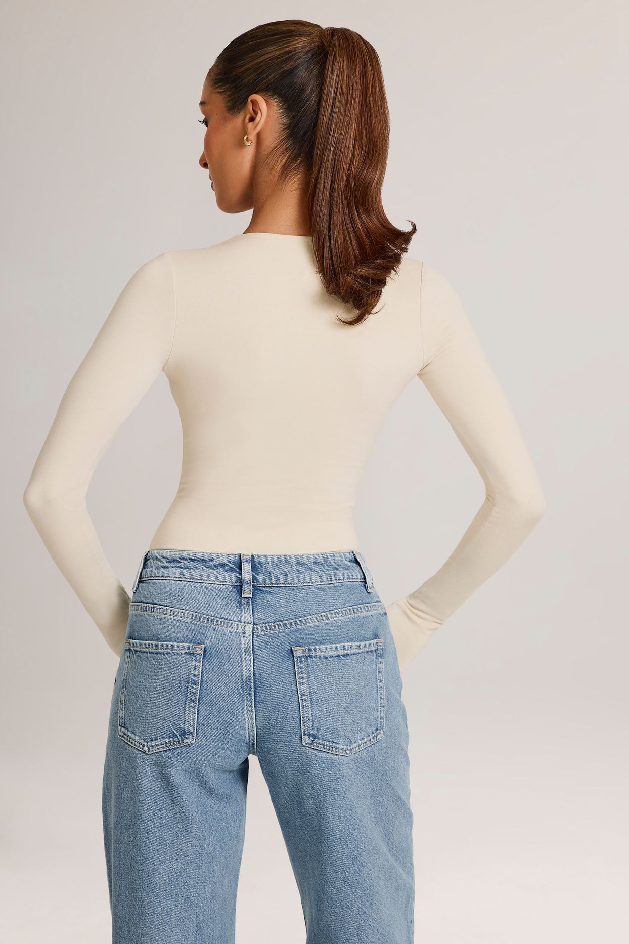 Modal Plunge Long-Sleeve Bodysuit  in Ivory - 2