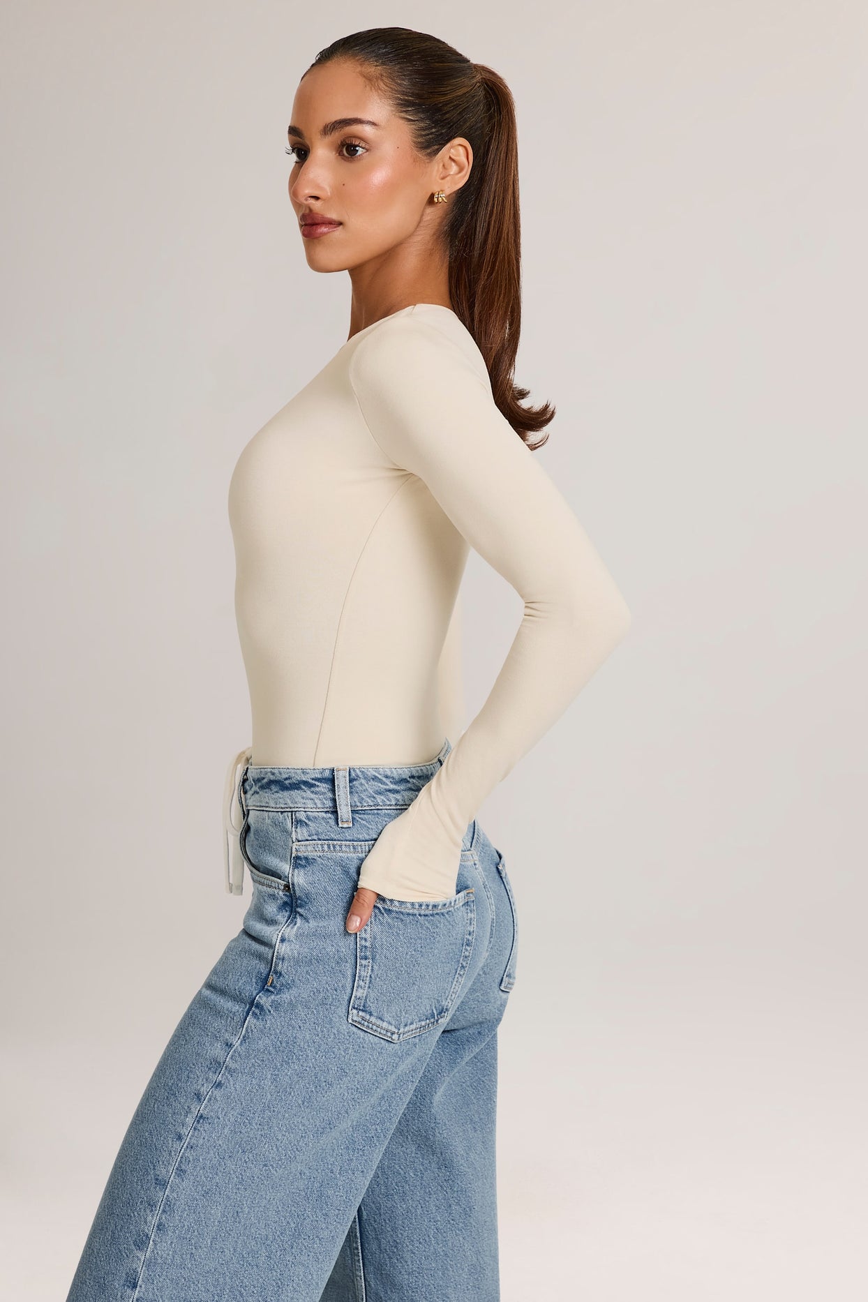 Modal Plunge Long-Sleeve Bodysuit  in Ivory - 3