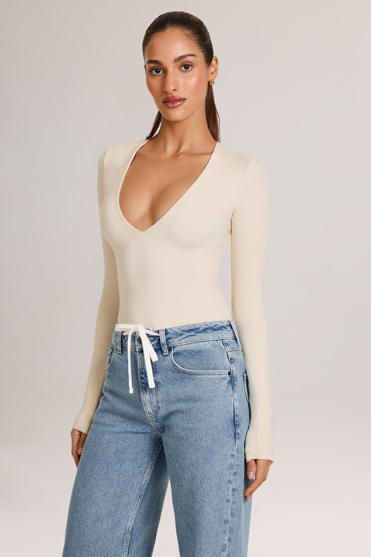 Modal Plunge Long-Sleeve Bodysuit  in Ivory - 4