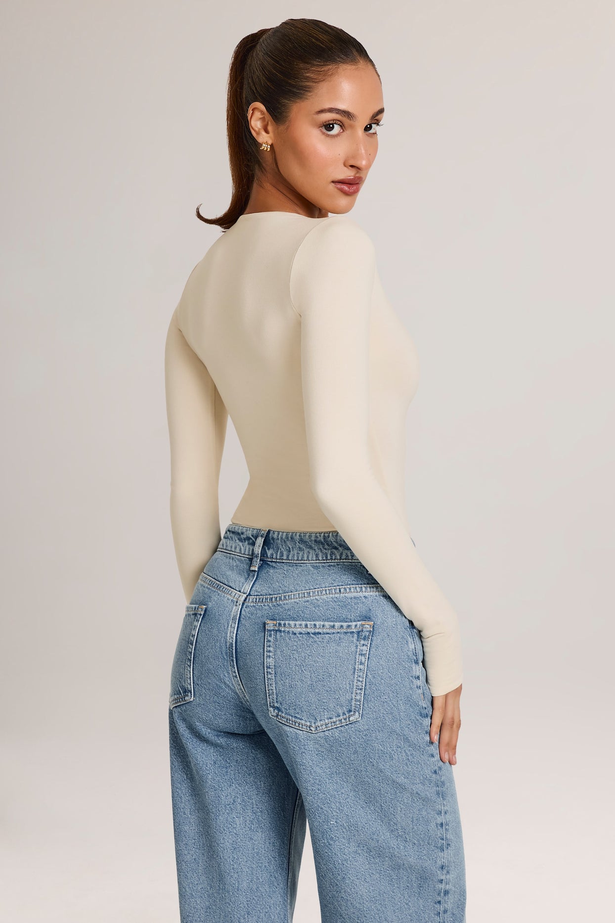 Modal Plunge Long-Sleeve Bodysuit  in Ivory - 5