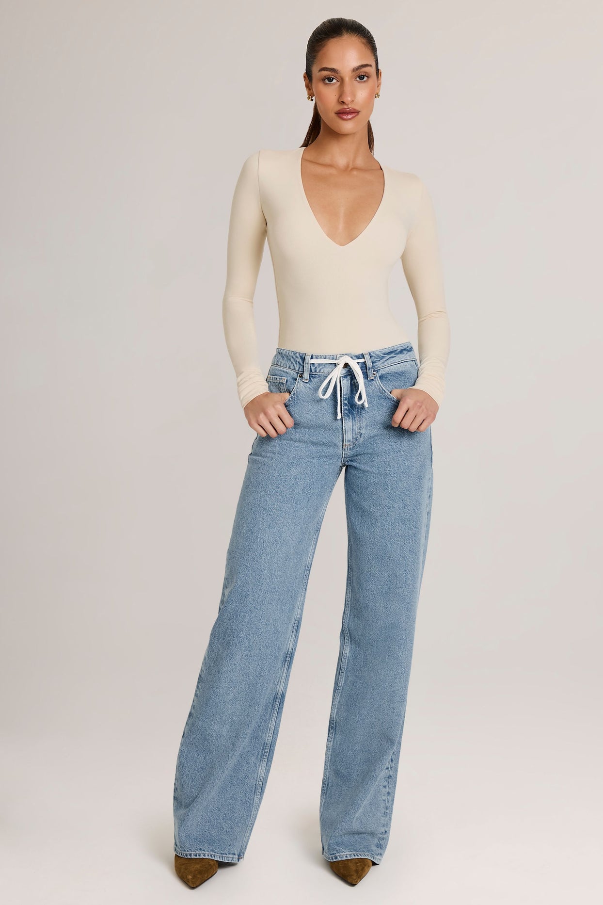 Modal Plunge Long-Sleeve Bodysuit  in Ivory - 7