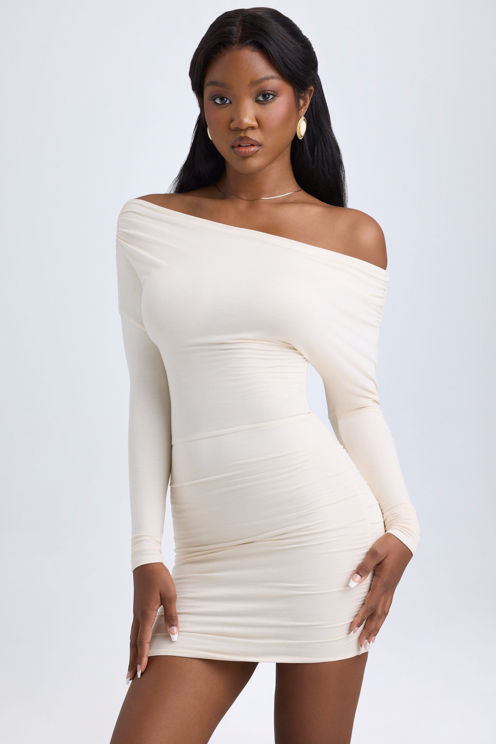 Modal Off-Shoulder Ruched Mini Dress in Ivory - 1