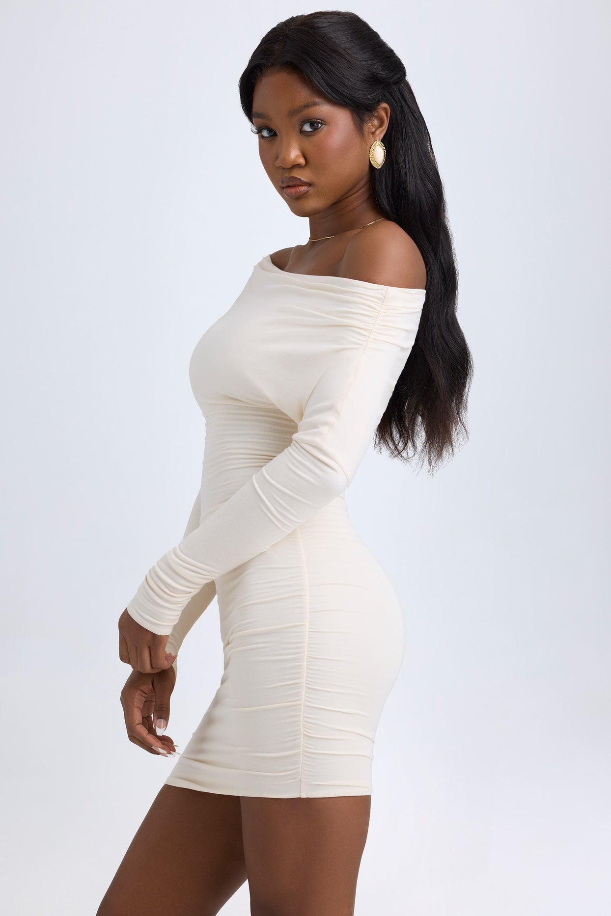 Modal Off-Shoulder Ruched Mini Dress in Ivory - 4