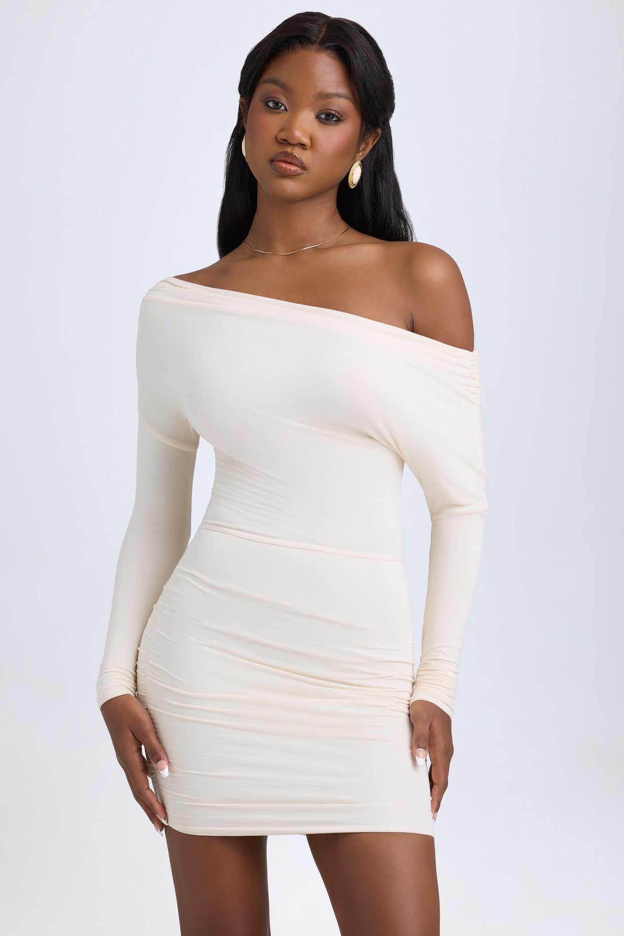 Modal Off-Shoulder Ruched Mini Dress in Ivory - 5