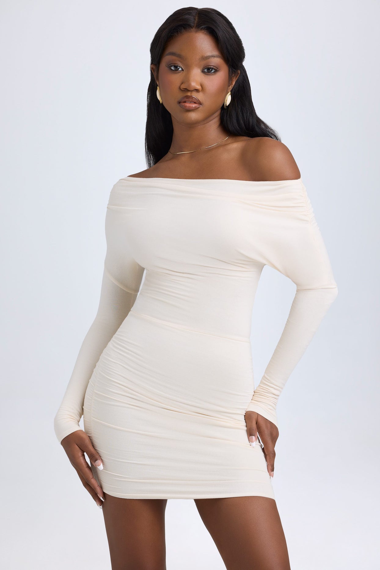 Modal Off-Shoulder Ruched Mini Dress in Ivory - 7
