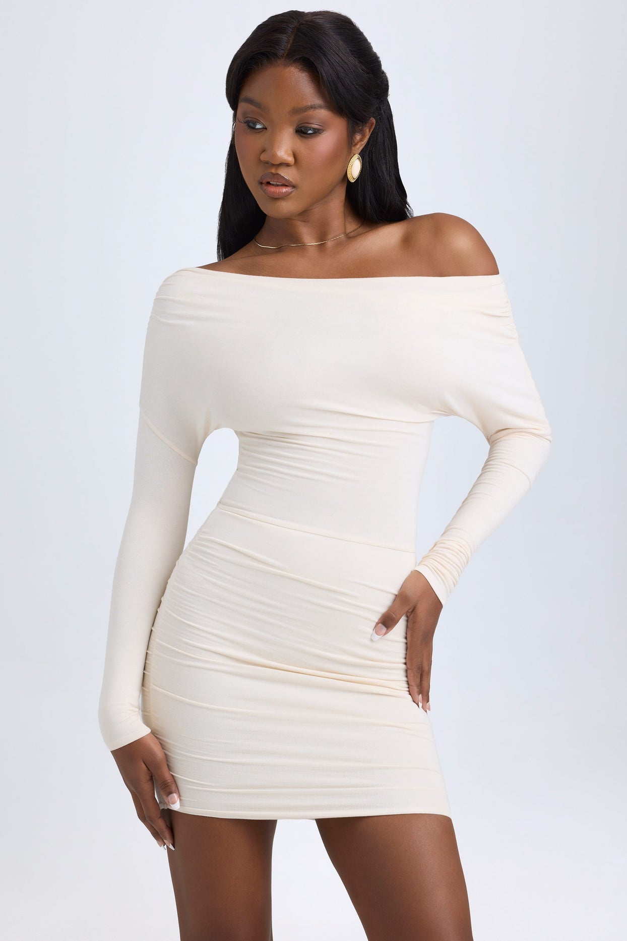 Modal Off-Shoulder Ruched Mini Dress in Ivory - 8