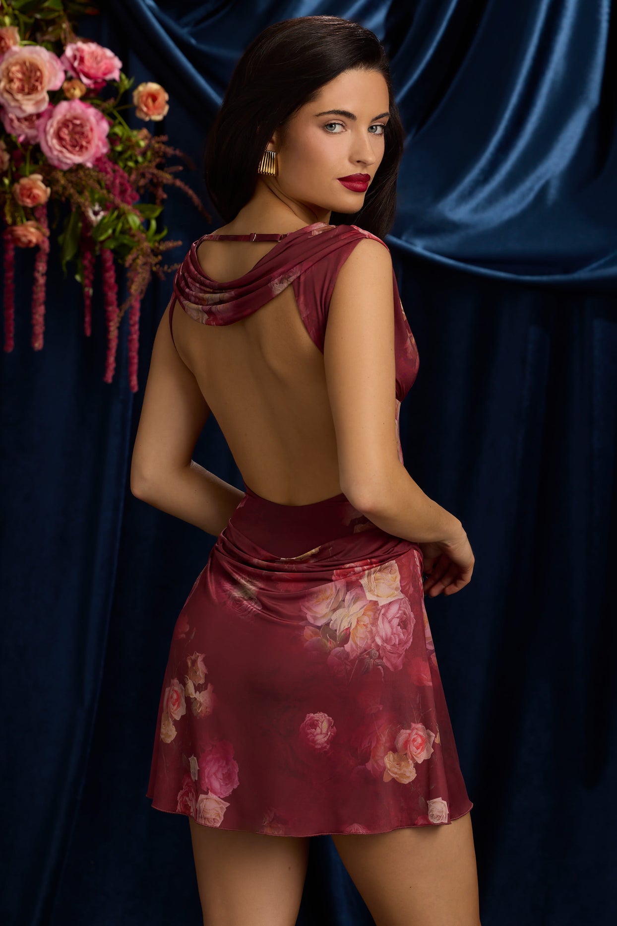 Draped Open-Back A-Line Mini Dress in Maroon Floral Print - 10