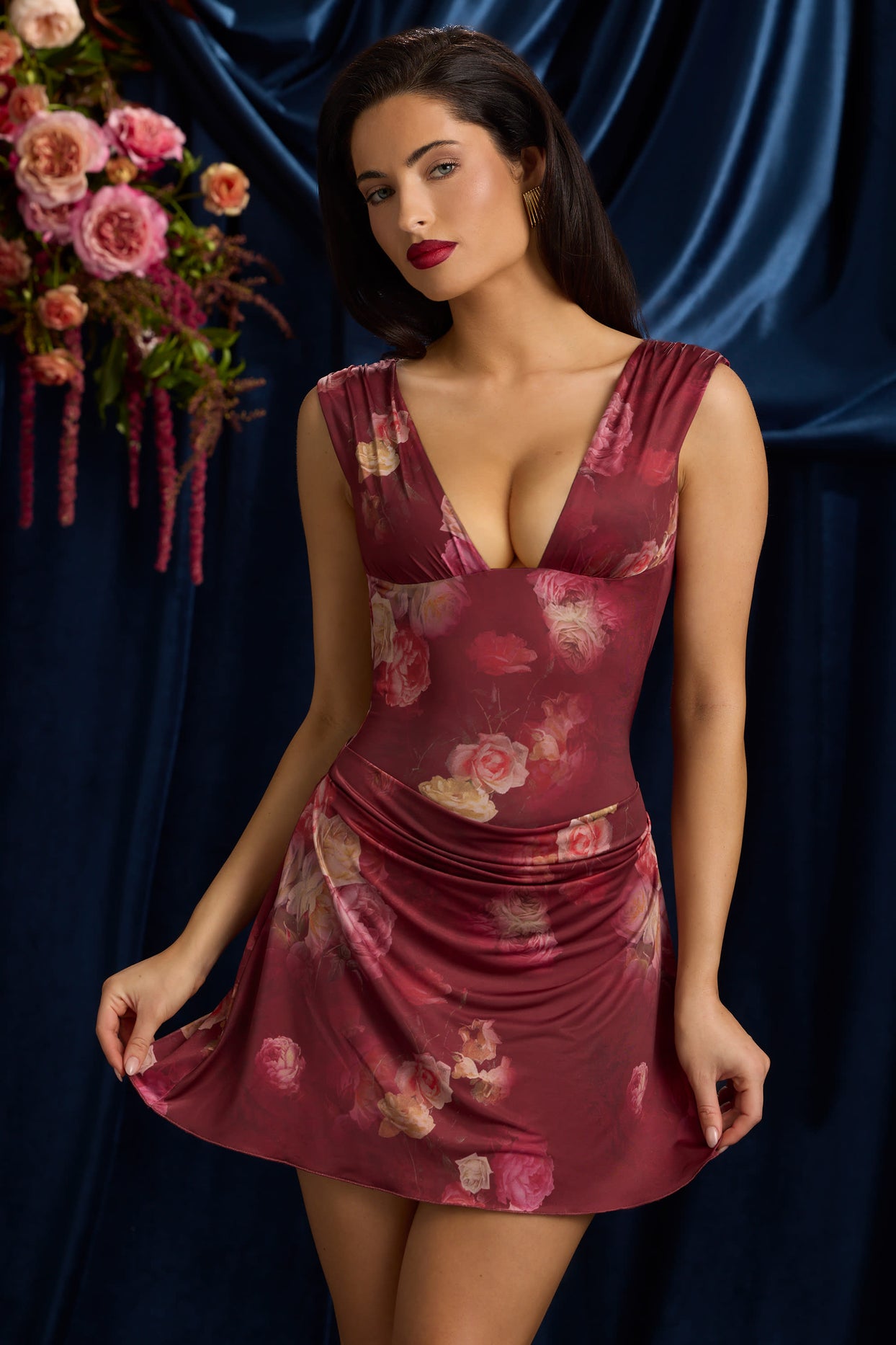 Draped Open-Back A-Line Mini Dress in Maroon Floral Print - 13