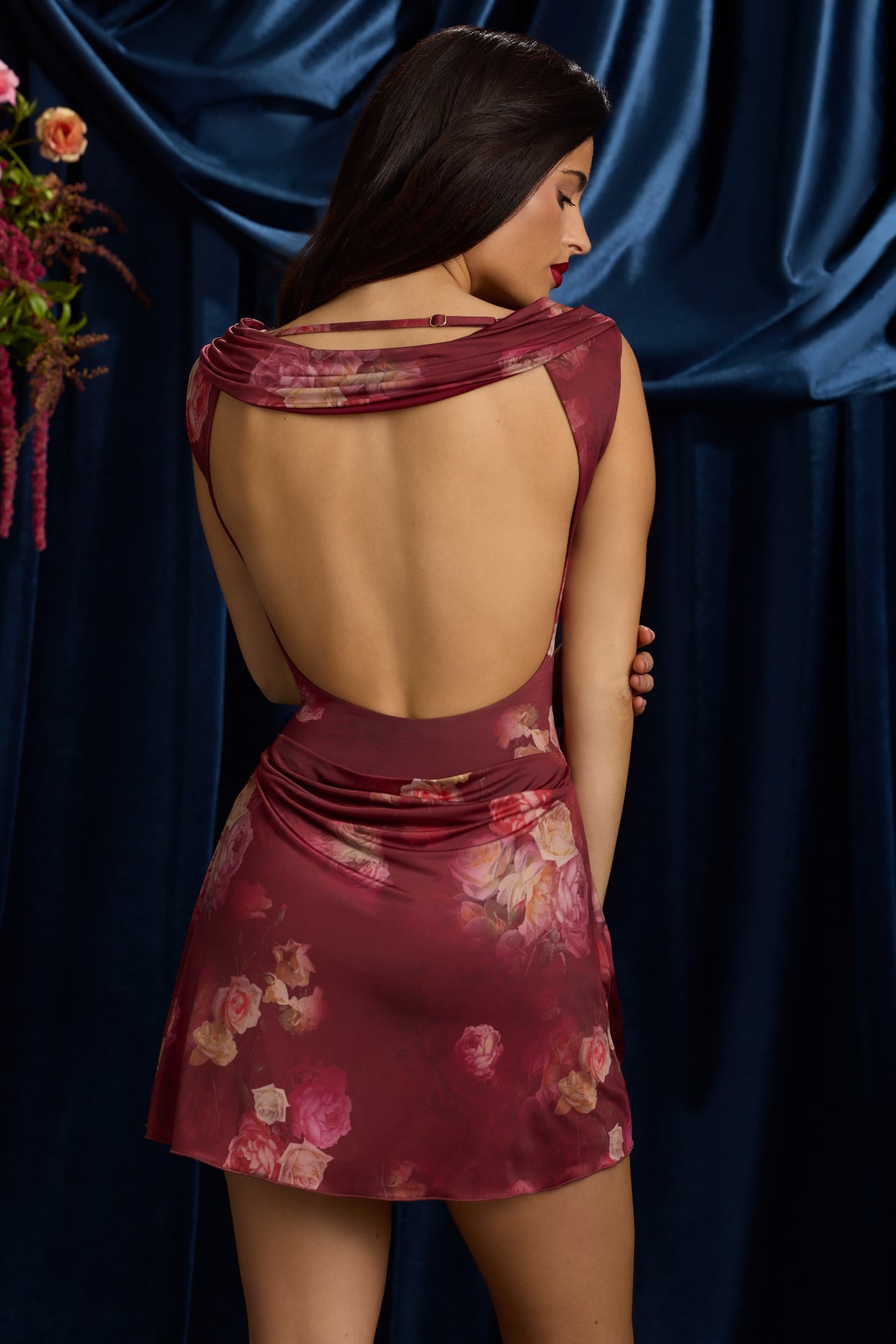 Draped Open-Back A-Line Mini Dress in Maroon Floral Print - 16