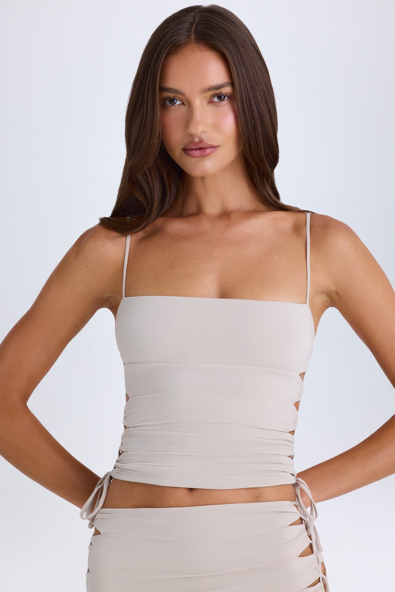 Ruched Cut-Out Top in Taupe - 1