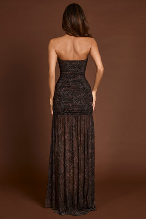 Embellished Bandeau Gathered Maxi Dress in Snake Hotfix