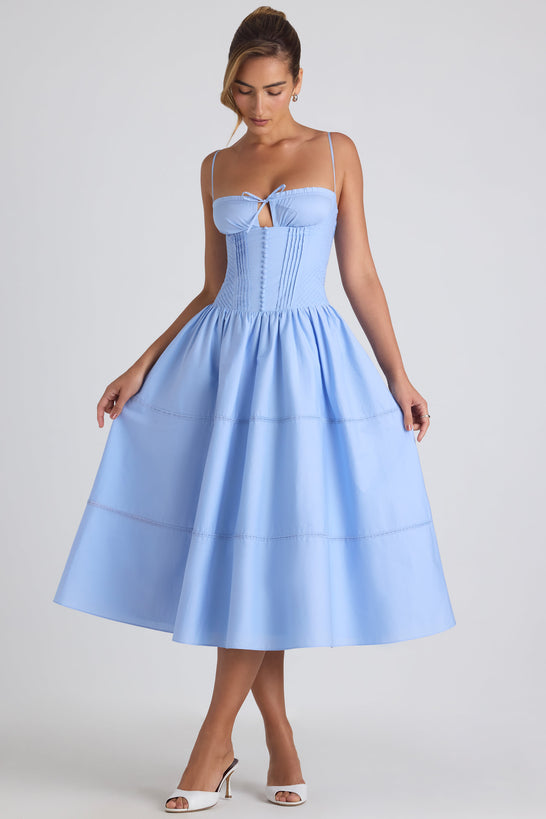 Lace-Trim Pintucked Poplin Midaxi Dress in Sky Blue