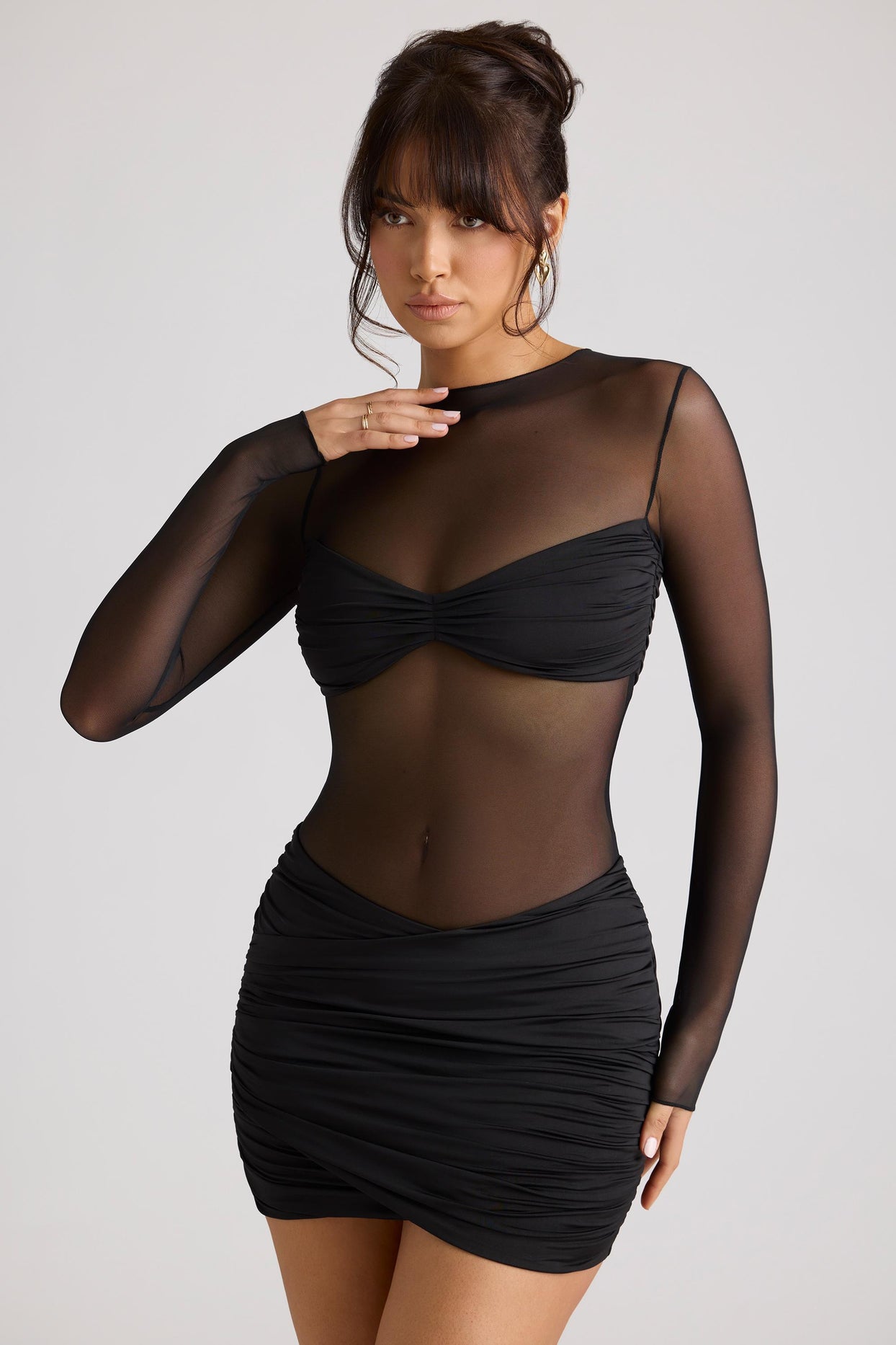 Sheer Panelled Long Sleeve Mini Dress in Black - 5