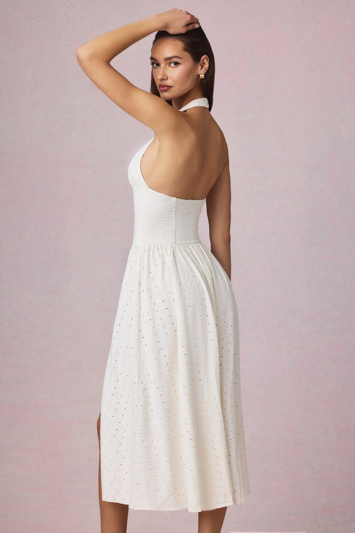 Modal Broderie Anglaise Halterneck Midaxi Dress in White - 2