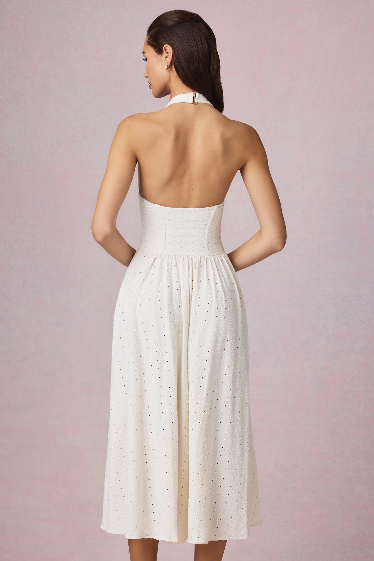 Modal Broderie Anglaise Halterneck Midaxi Dress in White - 3