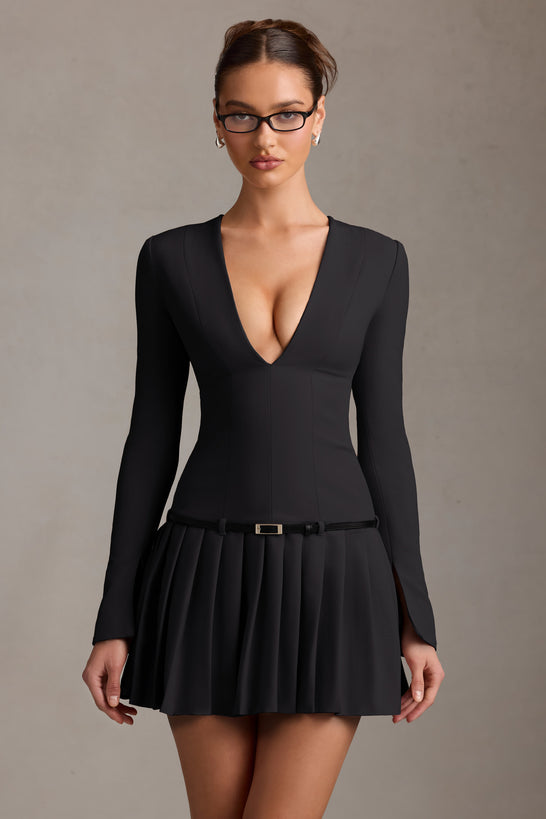 Long-Sleeve Pleated Mini Dress in Black