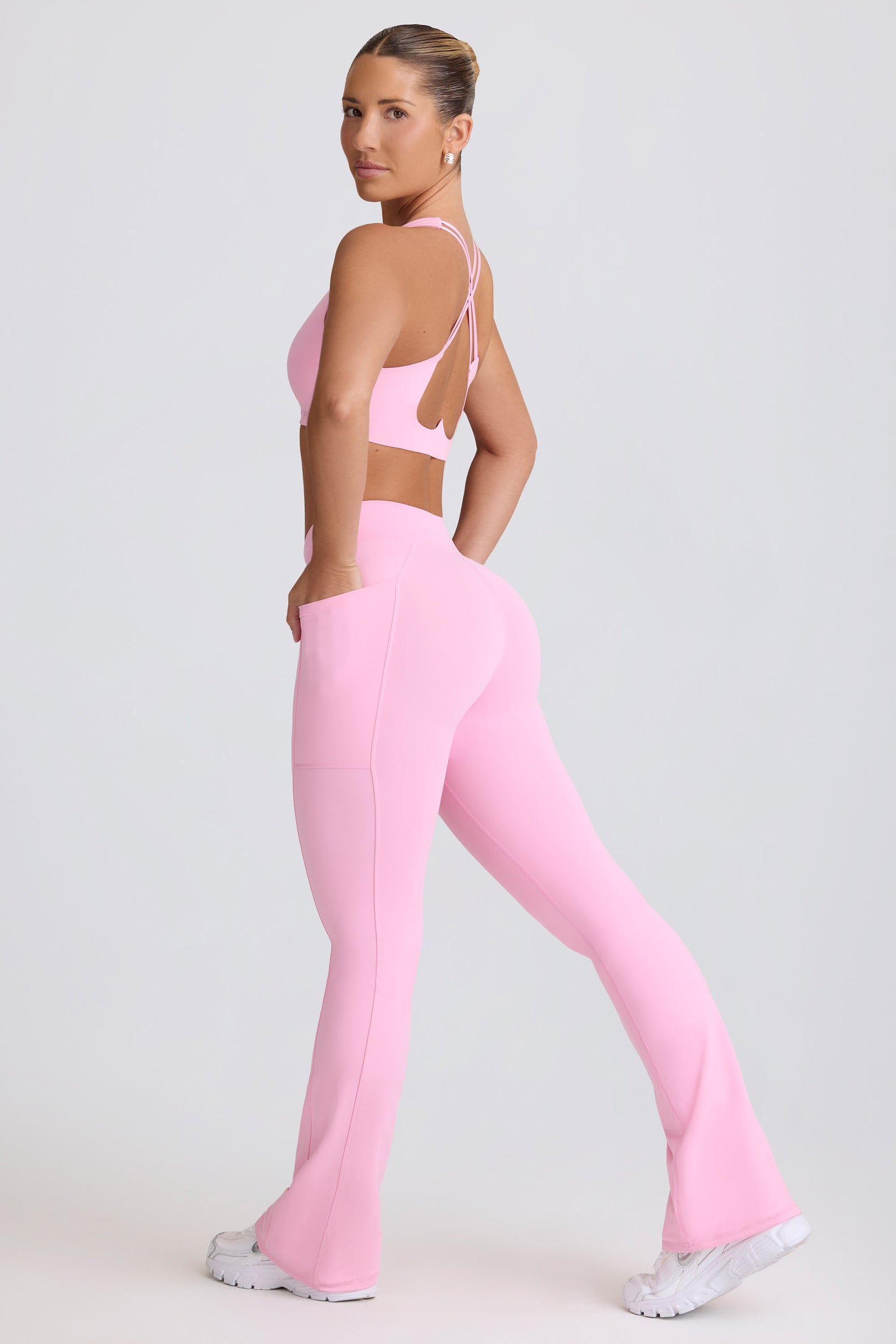 Soft Active V-Waist Pocket Flared Leggings in Baby Pink - 1