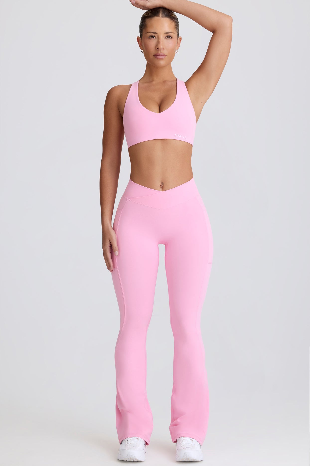 Soft Active V-Waist Pocket Flared Leggings in Baby Pink - 5