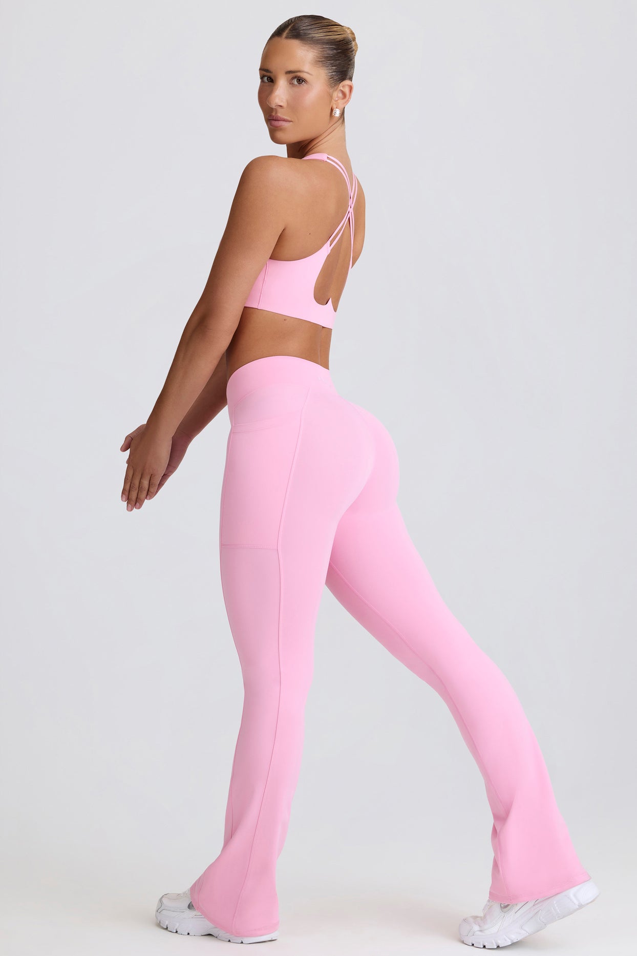 Soft Active V-Waist Pocket Flared Leggings in Baby Pink - 6