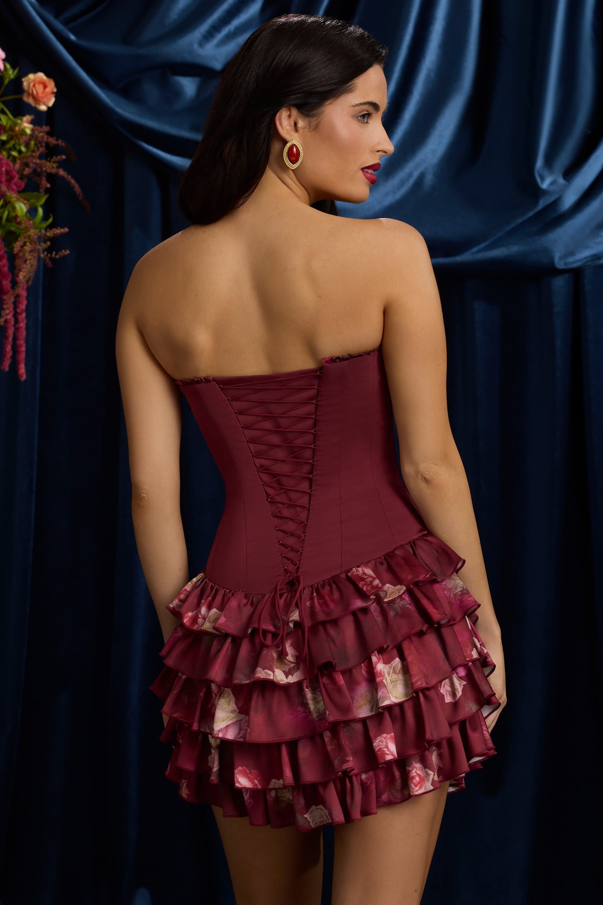 Strapless Ruffled Tiered Corset Mini Dress in Maroon Floral Print - 8