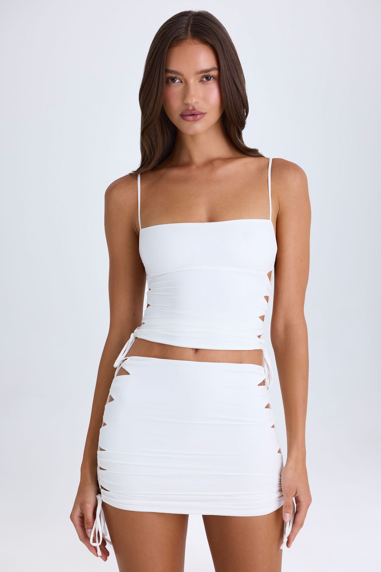 Ruched Cut-Out Mini Skirt in White