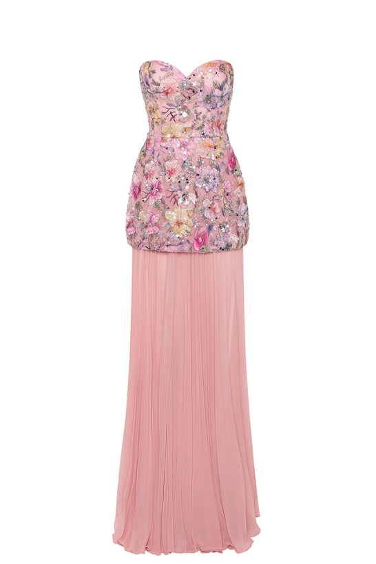 Embellished Convertible Lace-Up Gown in Floral Pink