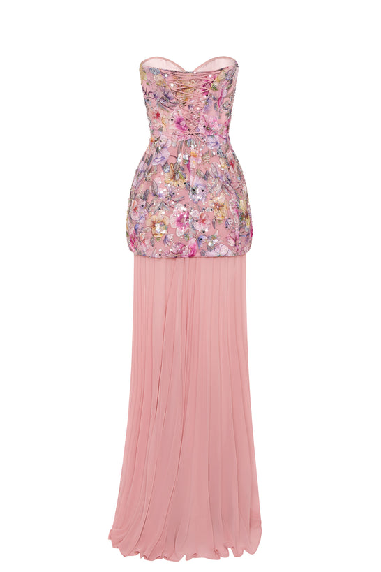 Embellished Convertible Lace-Up Gown in Floral Pink