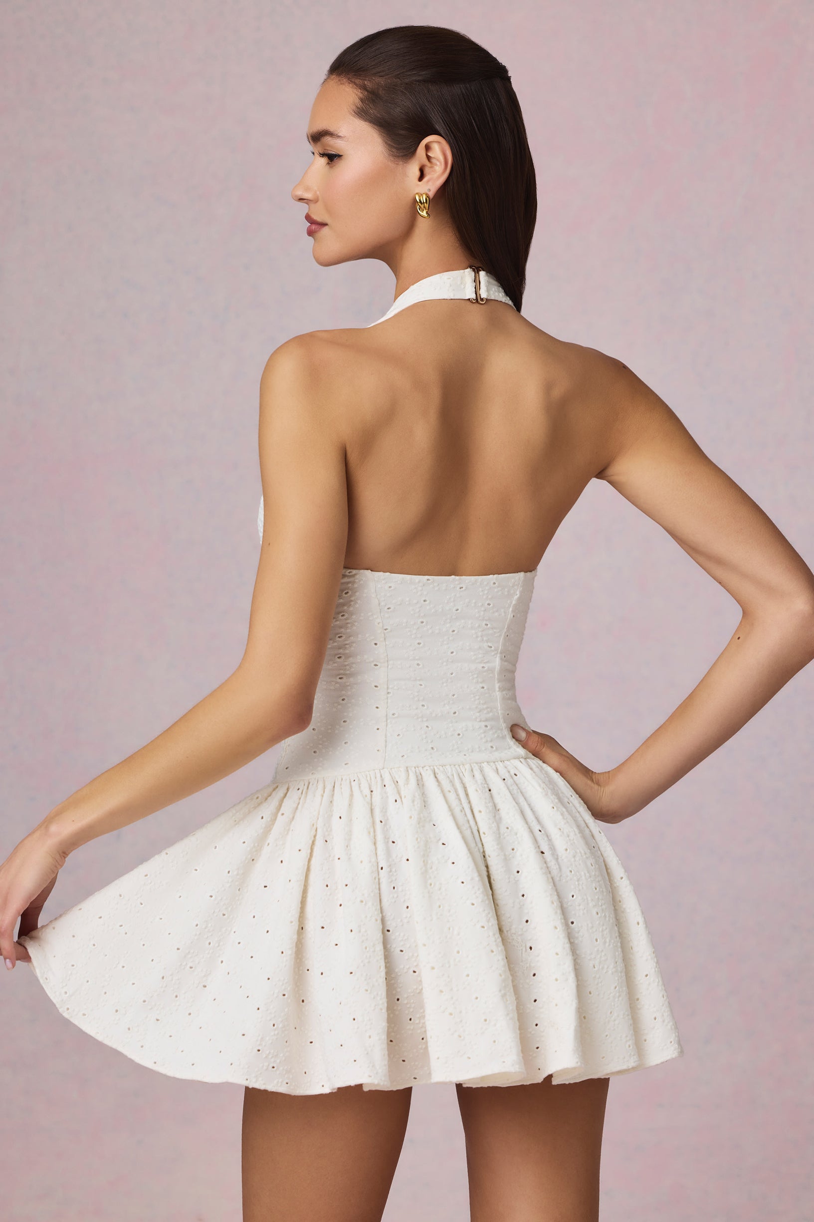 Modal Broderie Anglaise Halterneck Mini Dress in White - 2