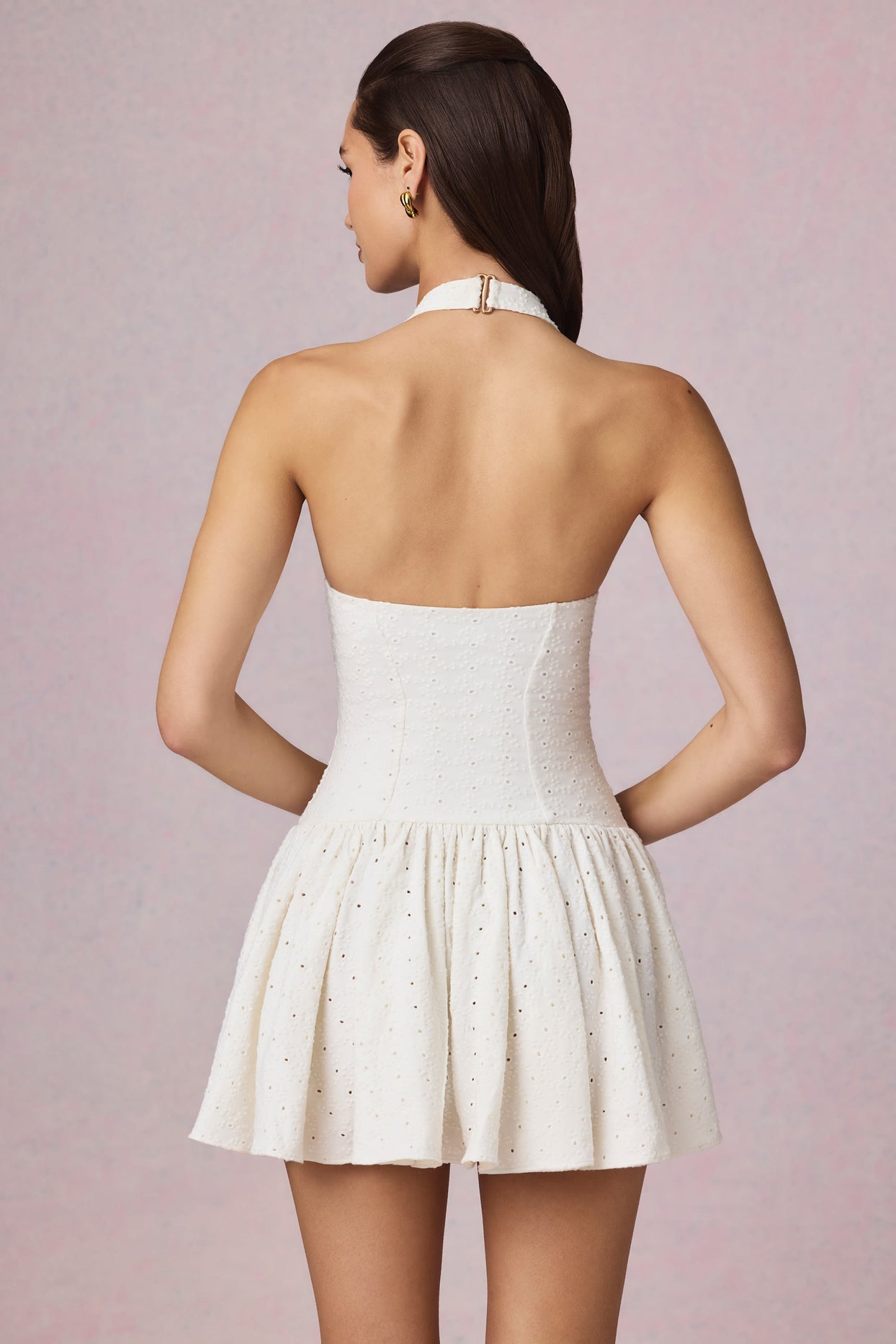 Modal Broderie Anglaise Halterneck Mini Dress in White - 7