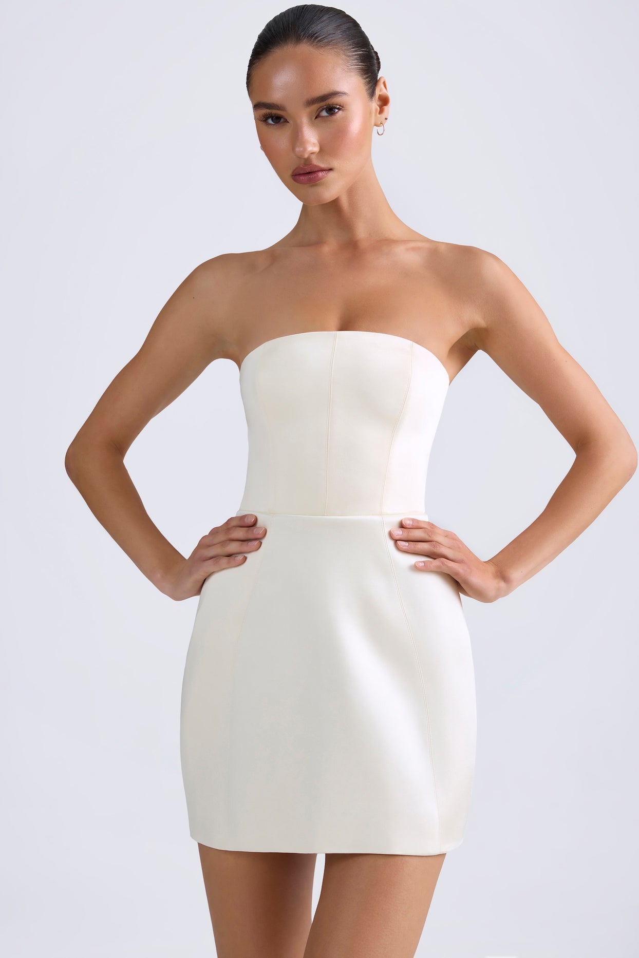 Bandeau Structured Tulip Mini Dress in Ivory - 2