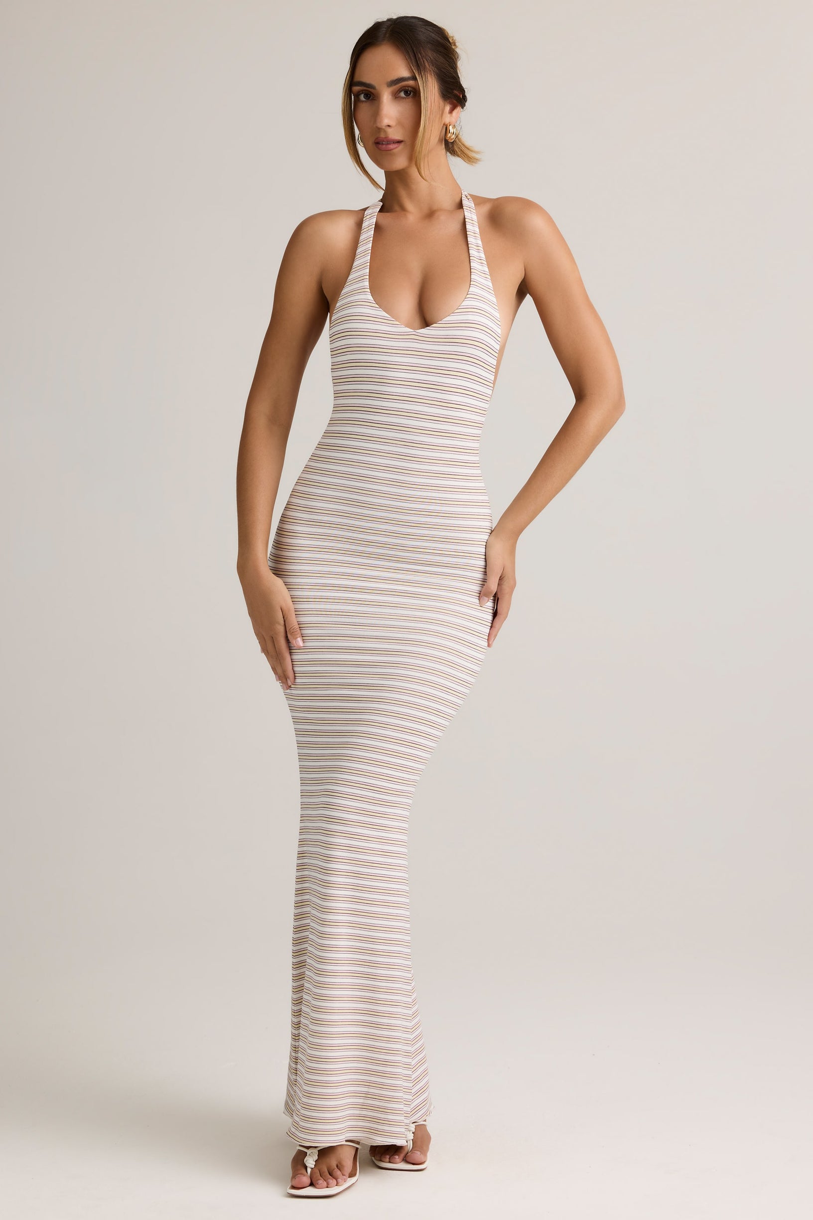 Modal Halterneck Maxi Dress in Pink Yellow Stripe - 2