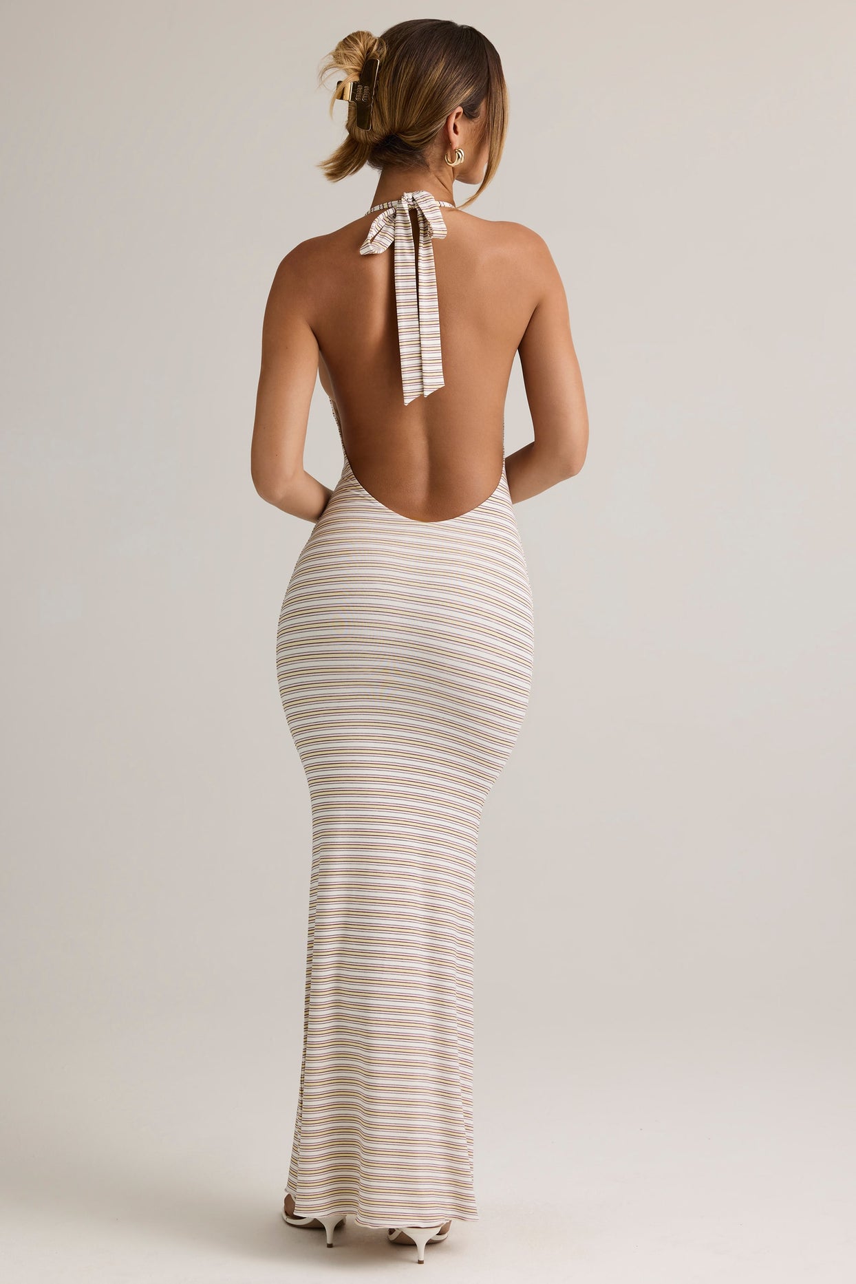 Modal Halterneck Maxi Dress in Pink Yellow Stripe - 5
