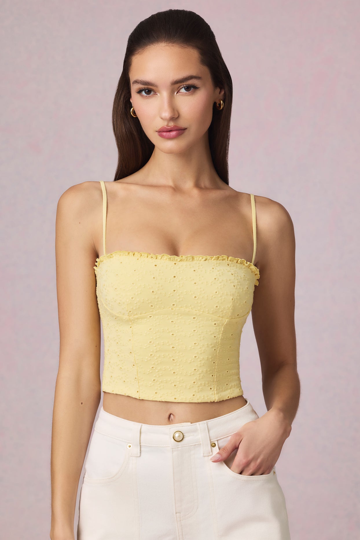 Modal Broderie Anglaise Camisole Top in Lemon Yellow - 21