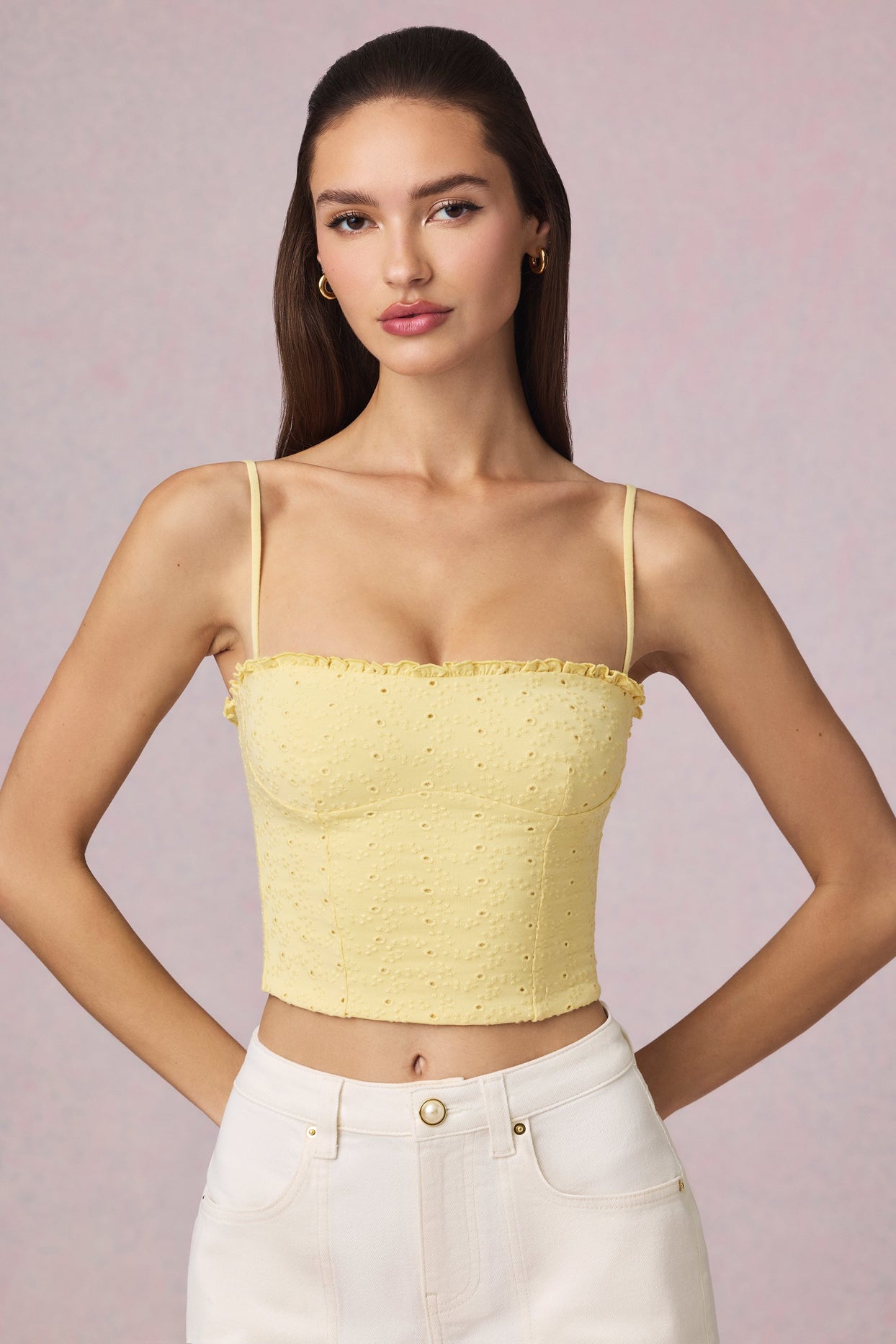 Modal Broderie Anglaise Camisole Top in Lemon Yellow - 12