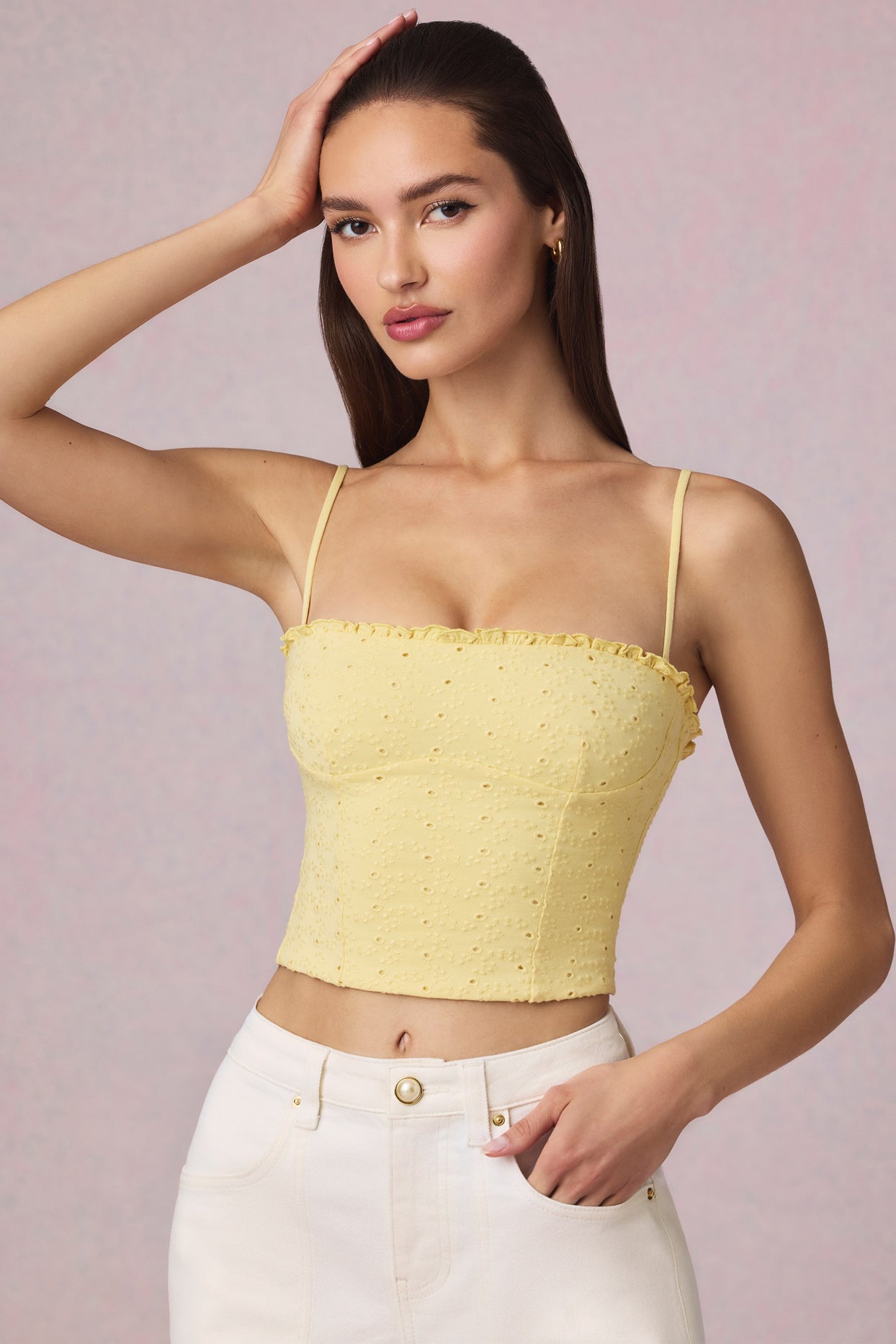 Modal Broderie Anglaise Camisole Top in Lemon Yellow - 2