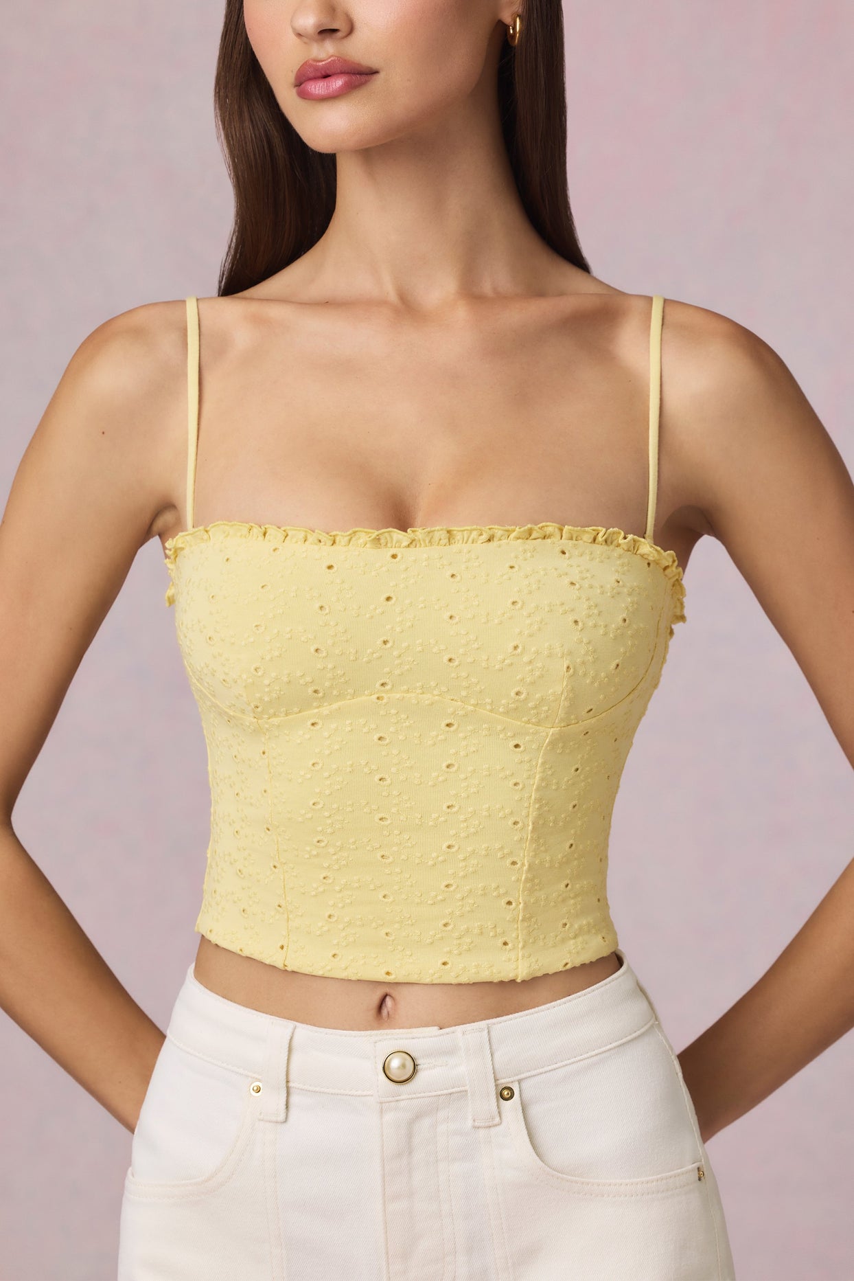 Modal Broderie Anglaise Camisole Top in Lemon Yellow - 5