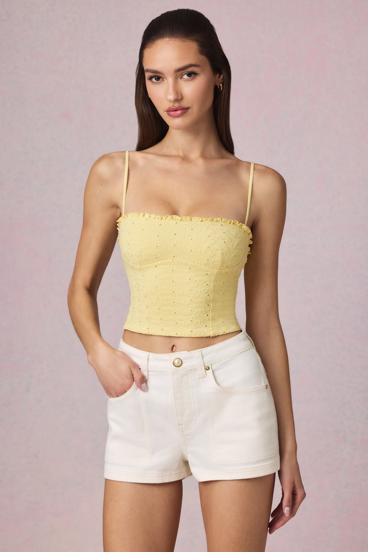 Modal Broderie Anglaise Camisole Top in Lemon Yellow - 18
