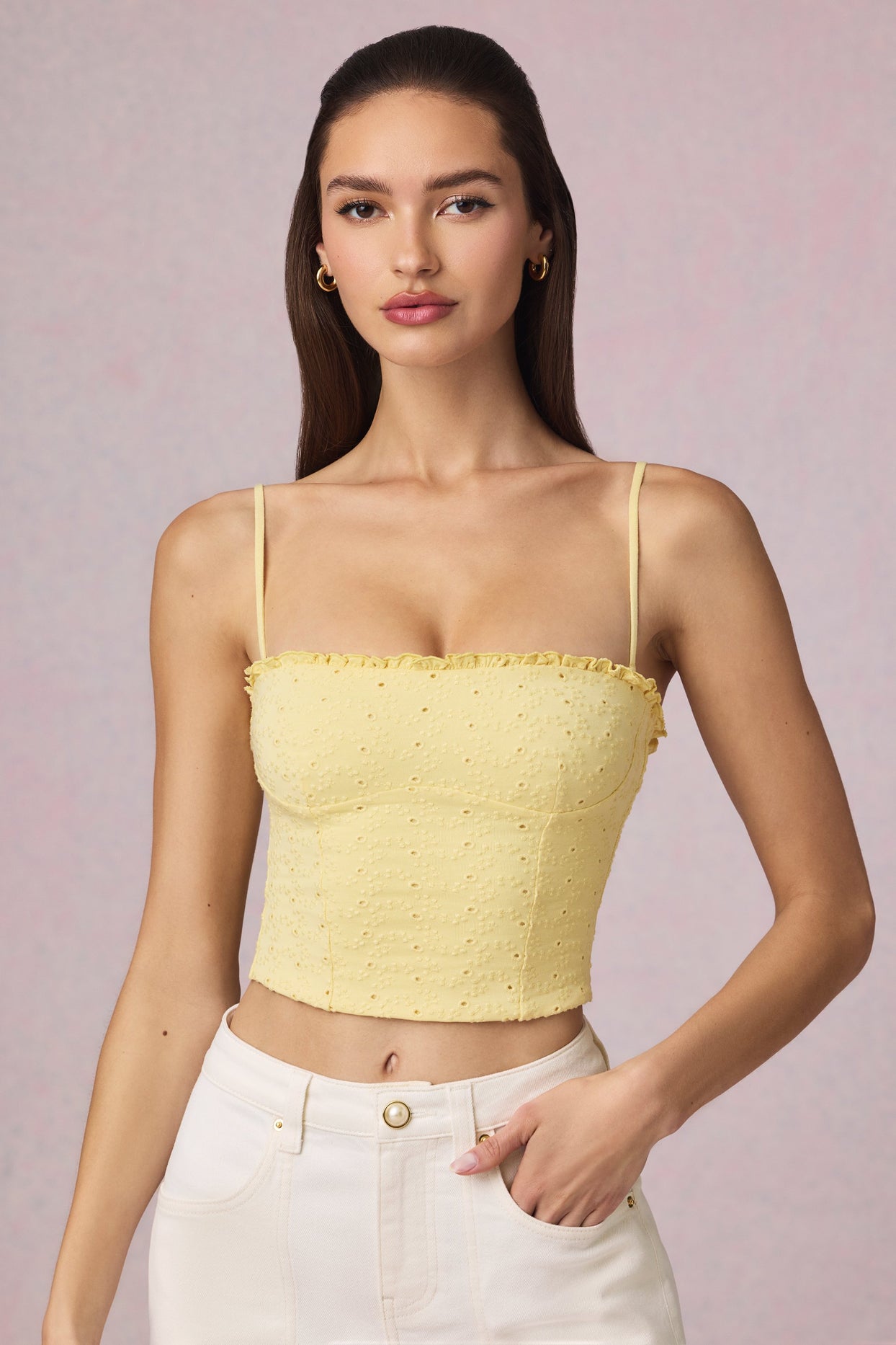 Modal Broderie Anglaise Camisole Top in Lemon Yellow - 9