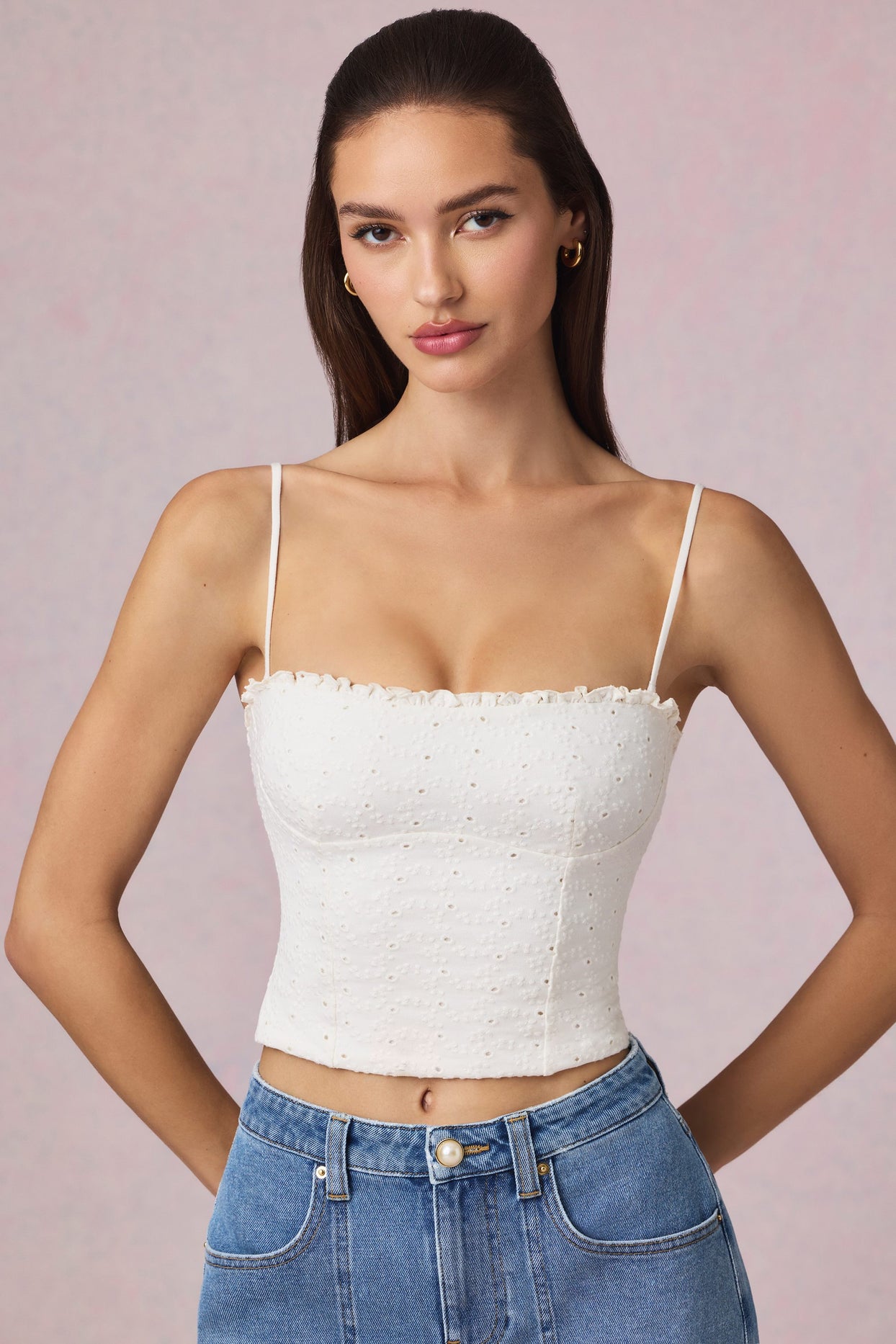 Modal Broderie Anglaise Camisole Top in White - 1