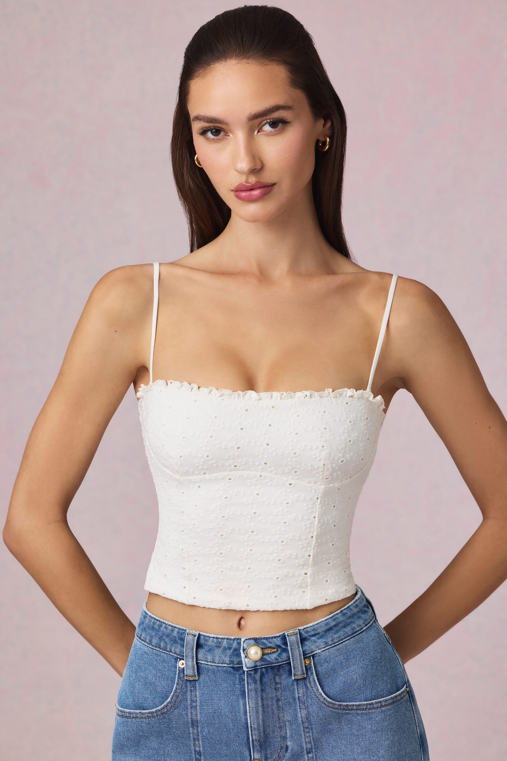 Modal Broderie Anglaise Camisole Top in White - 1