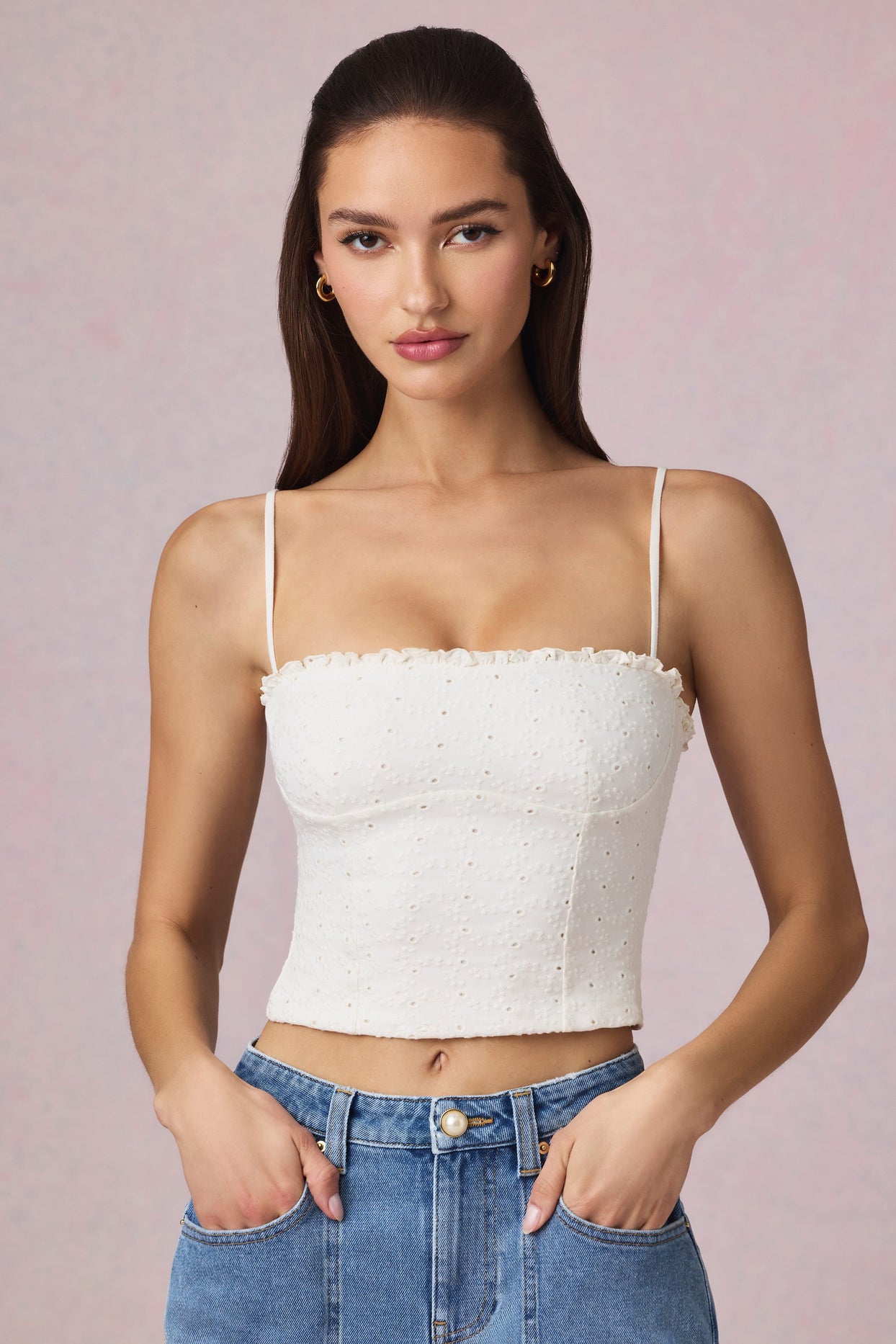 Modal Broderie Anglaise Camisole Top in White - 8