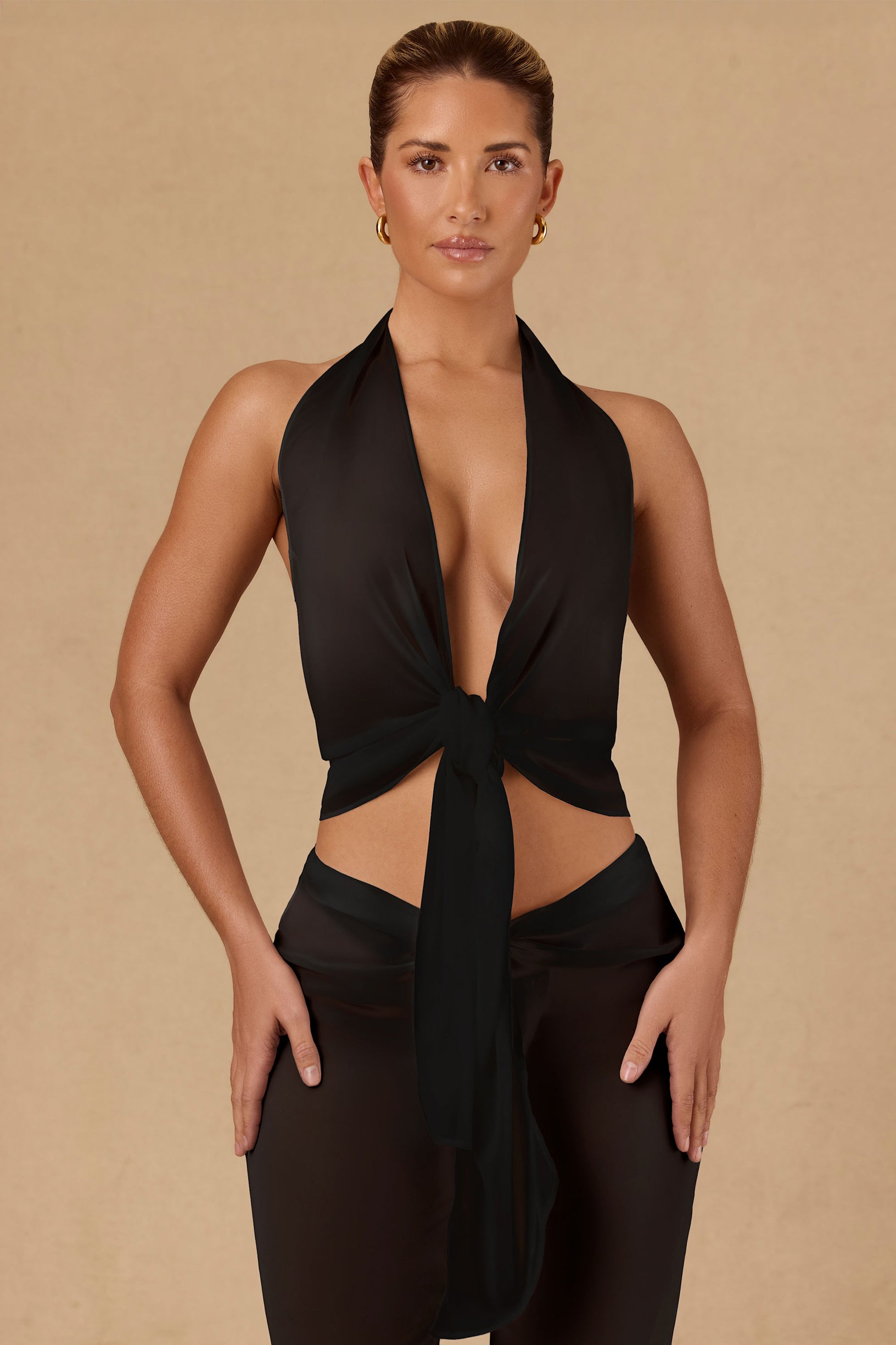 Tie-Front Halterneck Crop Top in Black - 1