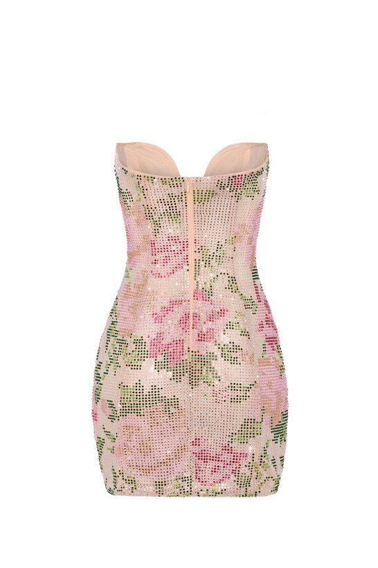 Embellished Sweetheart-Neck A-Line Mini Dress in Rose Hotfix