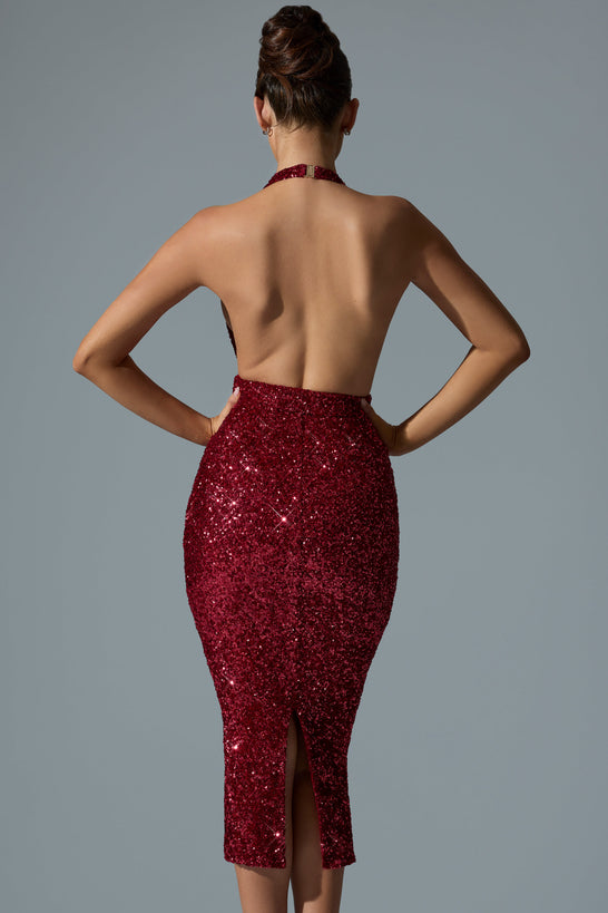 Embellished Cut-Out Open-Back Midaxi Dress in Red